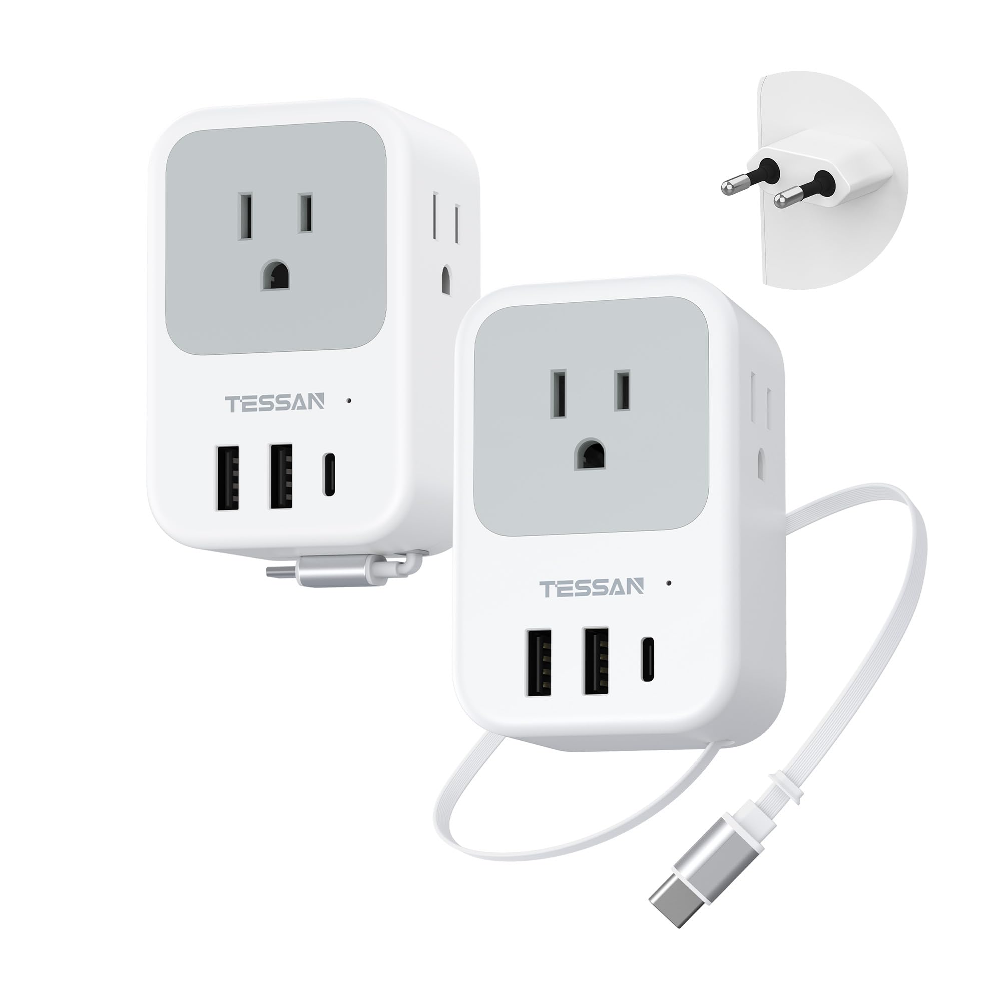 TESSAN European Travel Plug Adapter 2 Pack, Built-in 20W Retractable USB-C Cable, Type C Power Adapter with 3 AC Outlets 4 USB P