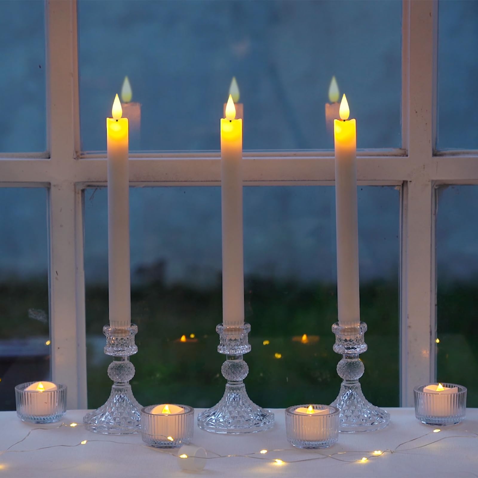 Raycare 6 Pcs Flameless Taper Candles With Remote And Timer, Real Wax White Led Candlesticks Battery Operated, 9.6 Inch Window C