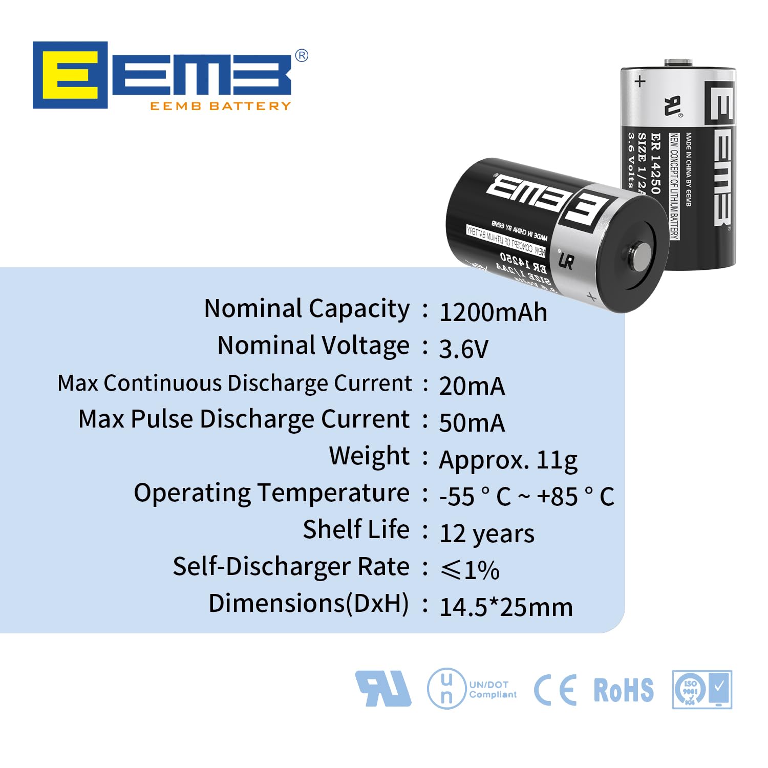 Eemb Er14250 Battery 1/2Aa 3.6V Lithium Battery Li-Socl2 (4-Pack) Non-Rechargeable Xl-050F Sb-Aa02 Ls14250 For Dog Collar Meter
