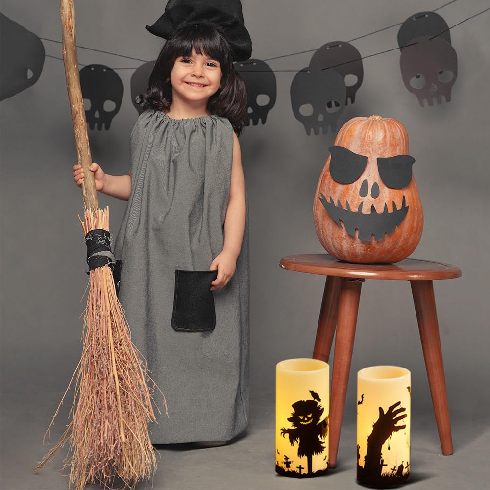 Lasumora Halloween Flameless Candles With Remote Timer, Scarecrow Raven And Flying Witch Decals Set Of 3, Battery Operated Hallo
