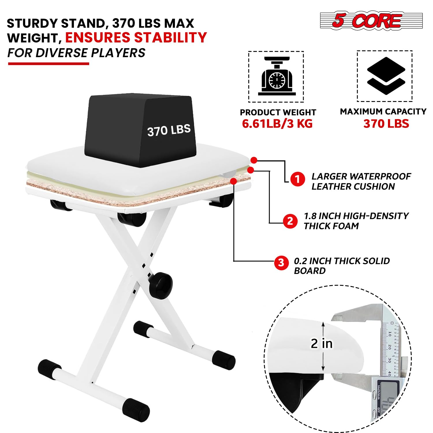 5Core Portable Piano Keyboard Music X Style Adjustable Padded Stool Chair Seat Bench White Kbb 02 Wh(D0102H73Rcx)