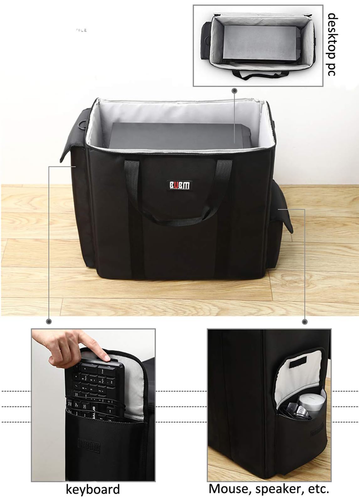 Bubm Desktop Computer Carrying Case, Padded Nylon Carry Tote Bag For Transporting Computer Tower Pc Chassis, Keyboard, Cable And