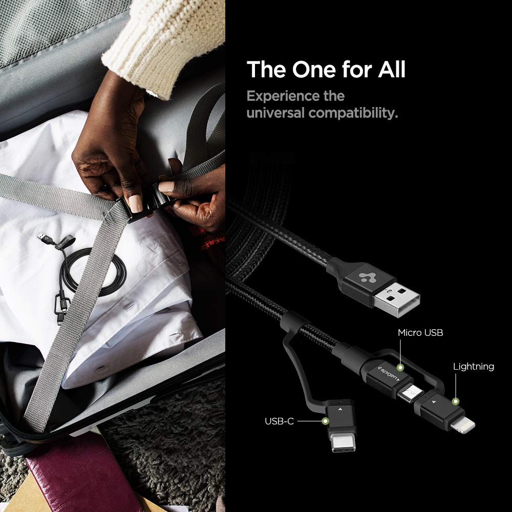 Spigen Durasync 3 In 1 Universal Charger Cable, Micro Usb/Lightning/Usb C Adapters [Mfi Certified], 4.9Ft Premium Braided Multi