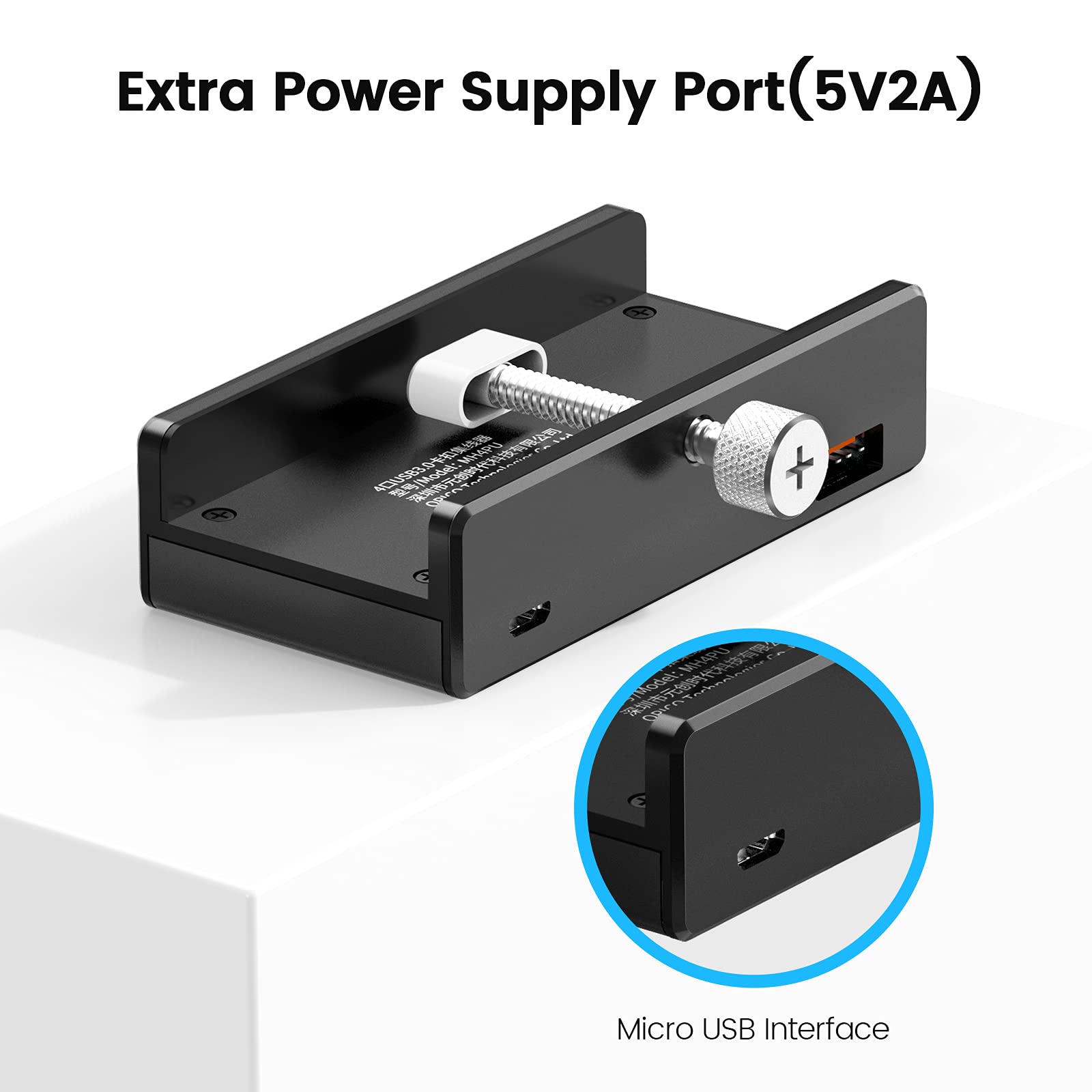 ORICO USB 3.0 Hub, USB Hub Clamp, Aluminum 4 Port USB Splitter with Extra Power Supply Port and 4.92 FT USB Data Cable, Desktop Powered USB Hub for Monitors/Desks Black (Without Power Adapter)