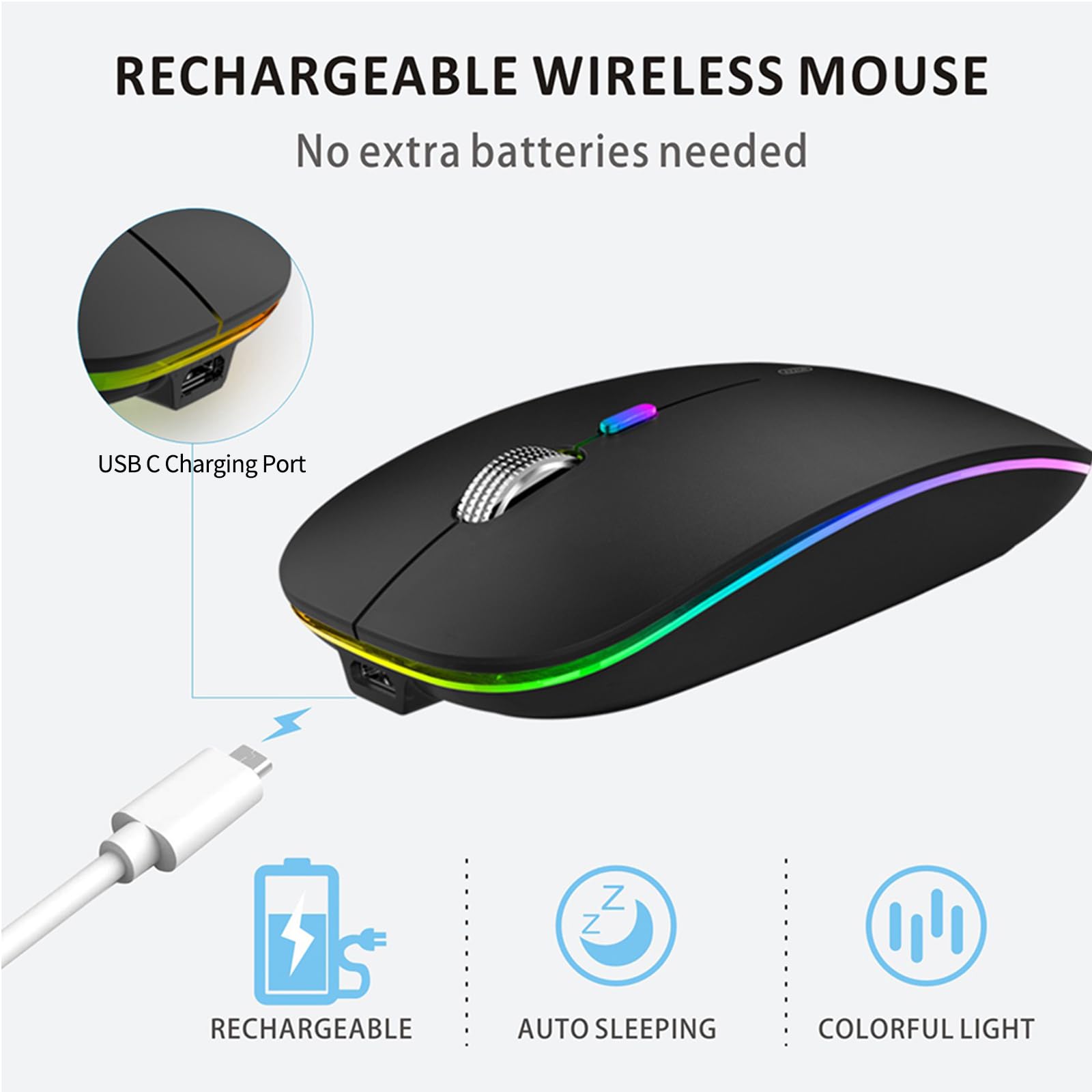 Uiosmuph Led Wireless Mouse, G12 Slim Rechargeable Silent Mouse, 2.4G Portable Usb Optical Computer Mice With Usb Receiver And T