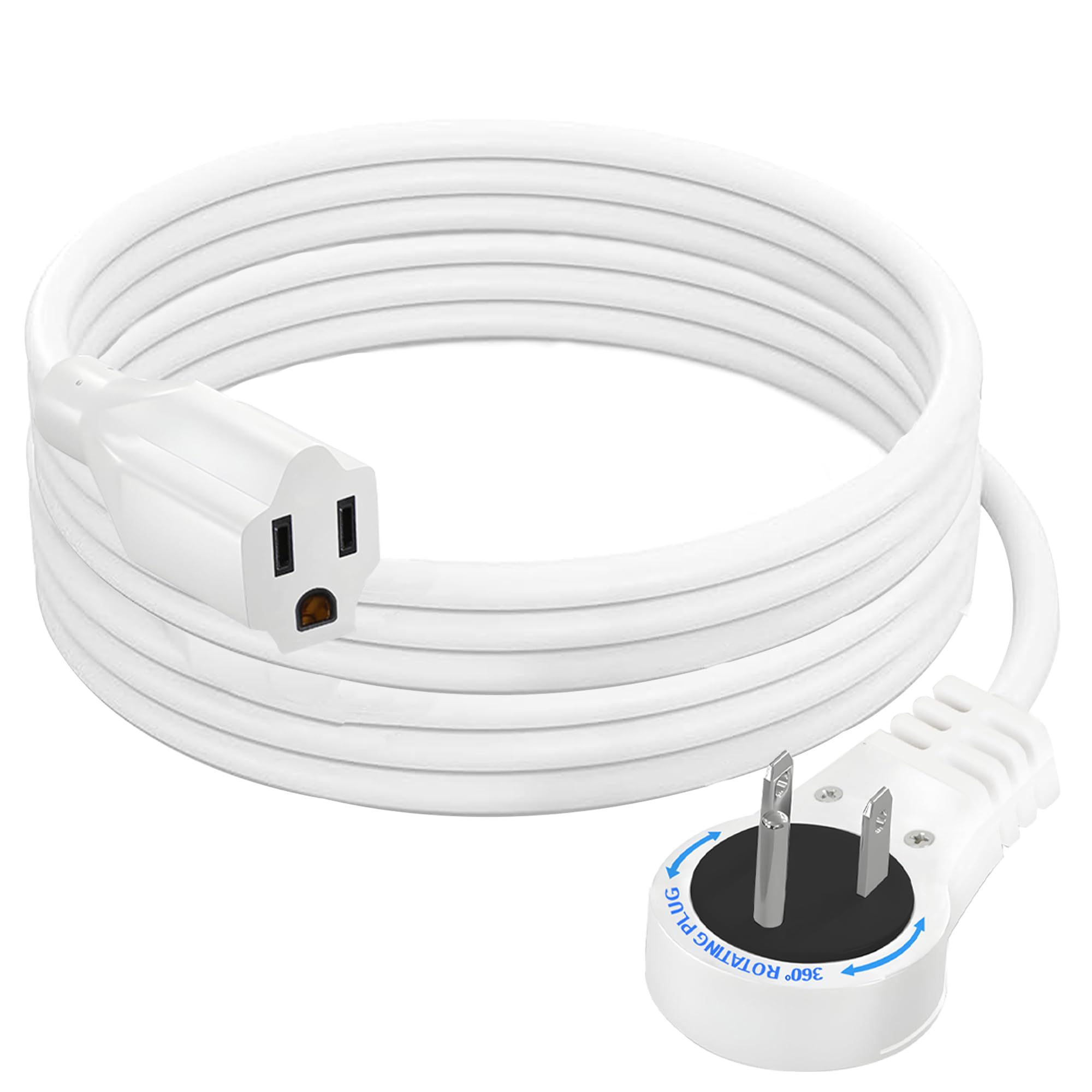 Electery 360 Rotating Flat Plug Extension Cord 10 Ft 16 Awg White Extension Wire, Power Cord For Indoor And Office Use, Slim Plu