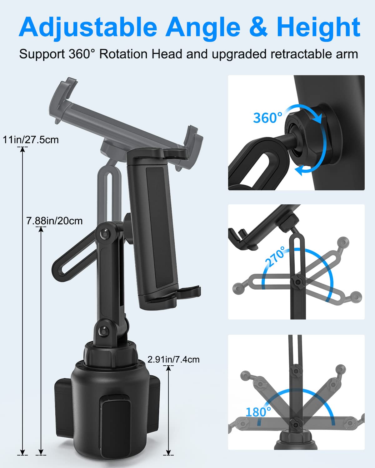 Dosvsi Car Cup Holder Tablet Mount For Ipad, [Height & Angle Adjustable] Truck Cup Mount Tablet Holder, Stable Vehicle Cup Stand