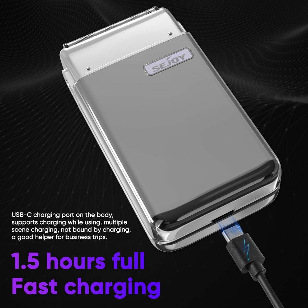 Sejoy Portable Electric Razor For Men With Toothed & Mesh Blades, Magnetic Adsorption Head, Dynamic Ribbon Led, Ipx7, Mini Elect