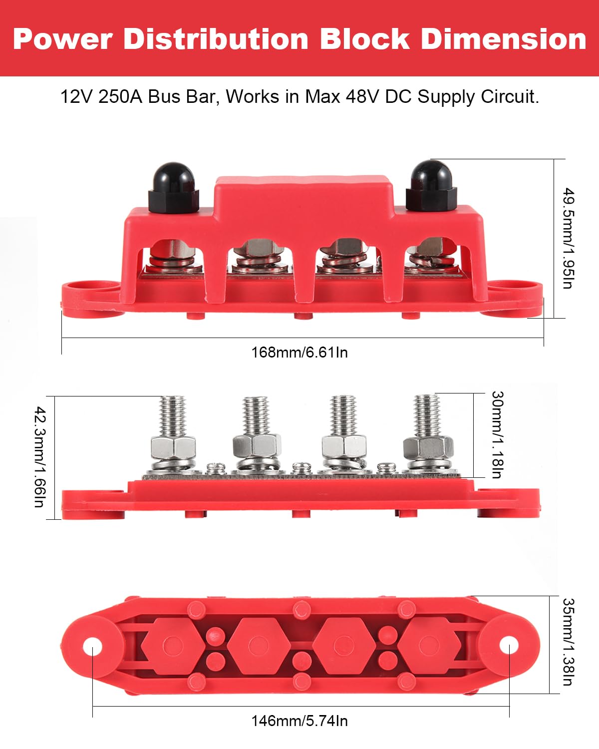Gioyonil 12V Bus Bar Power Distribution Block 3/8, 4 Post Max 48V 250A Heavy Duty Battery Terminal Junction Block Busbar With Co
