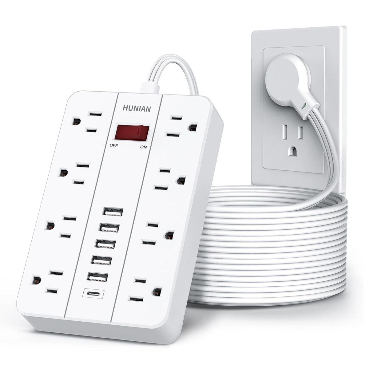 Extension Cord Power Strip Surge Protector 15 Ft, Hunian Flat Plug With 8 Widely Spaced Outlets 6 Usb (1 Usb C Port), Wall Mount