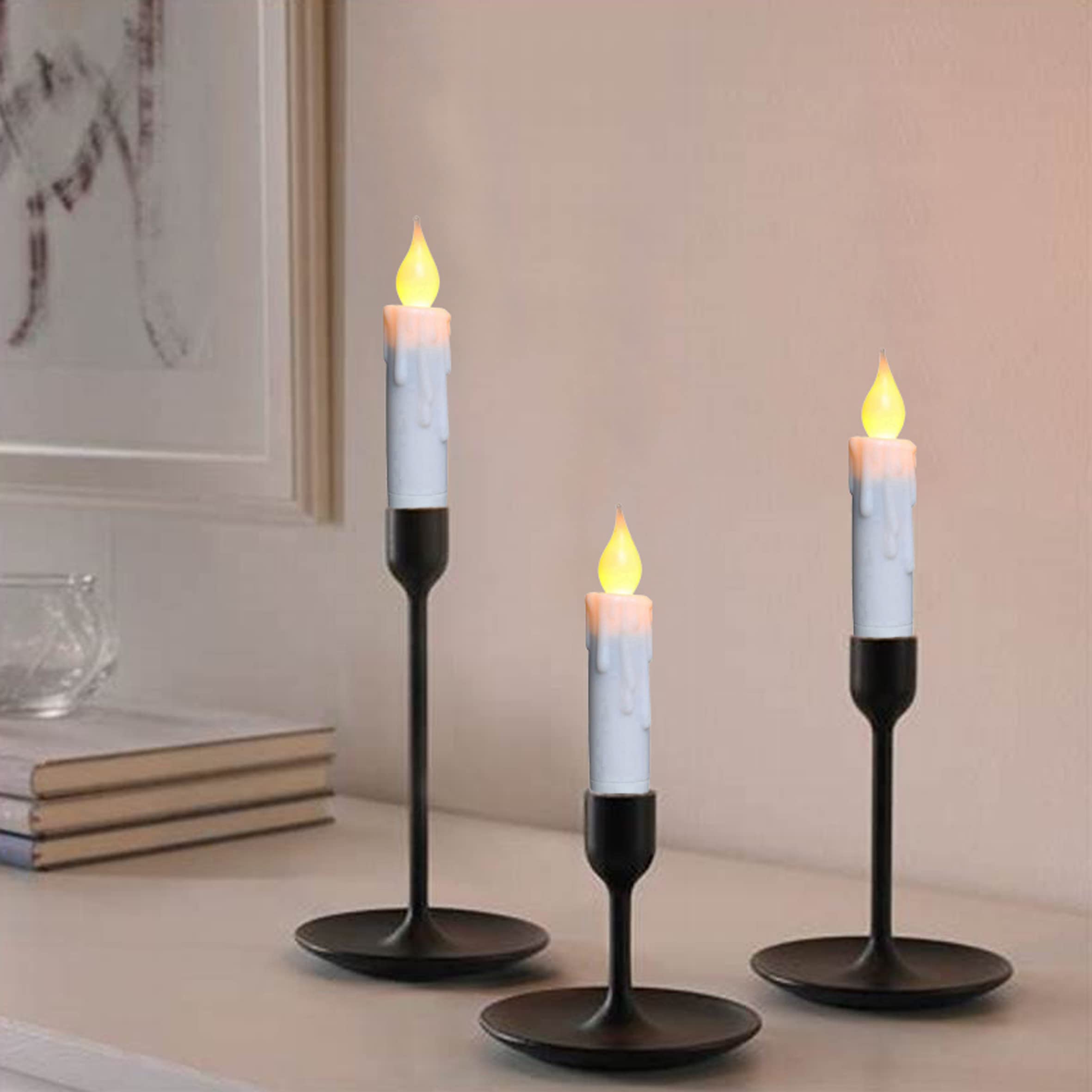Cvhomedeco. Flickering Taper Candles Led Drip Flameless Candles, Battery Operated With Timer, White, 4 3/4 Inch, Set Of 6