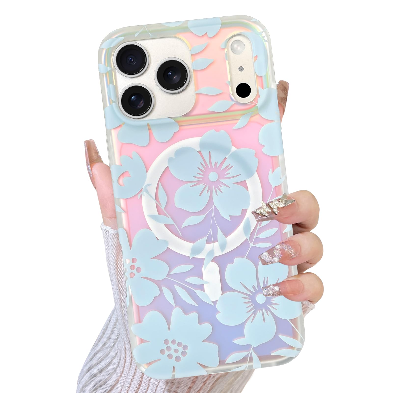 TEAUGHT Compatible with iPhone 17 Pro Max Case Cute Pattern Floral Flower Laser Iridescent Bling Glitter Crystal Shockproof Cove