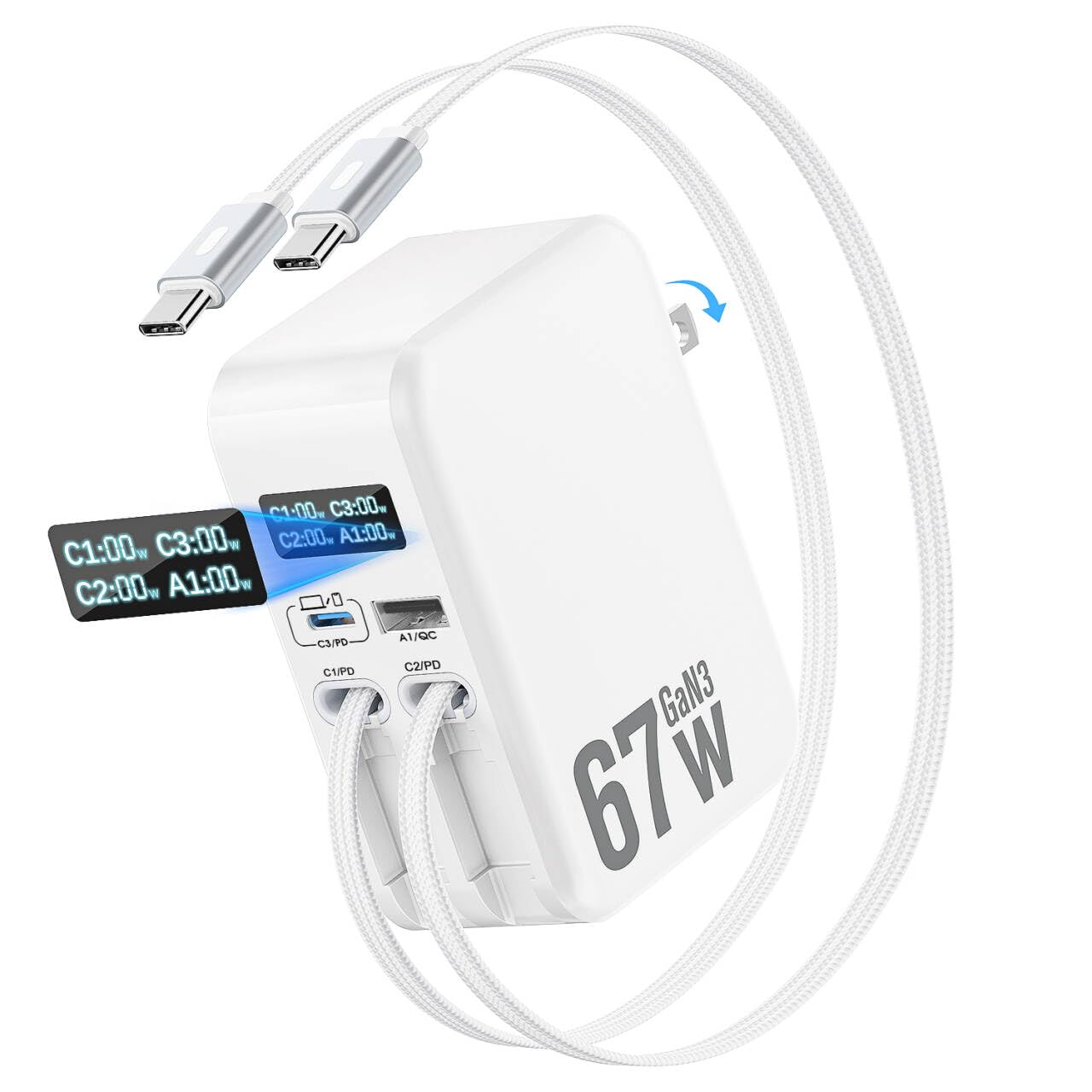 4 in 1 Retractable Wall Charger, 67W Retractable Phone Charger with Cables