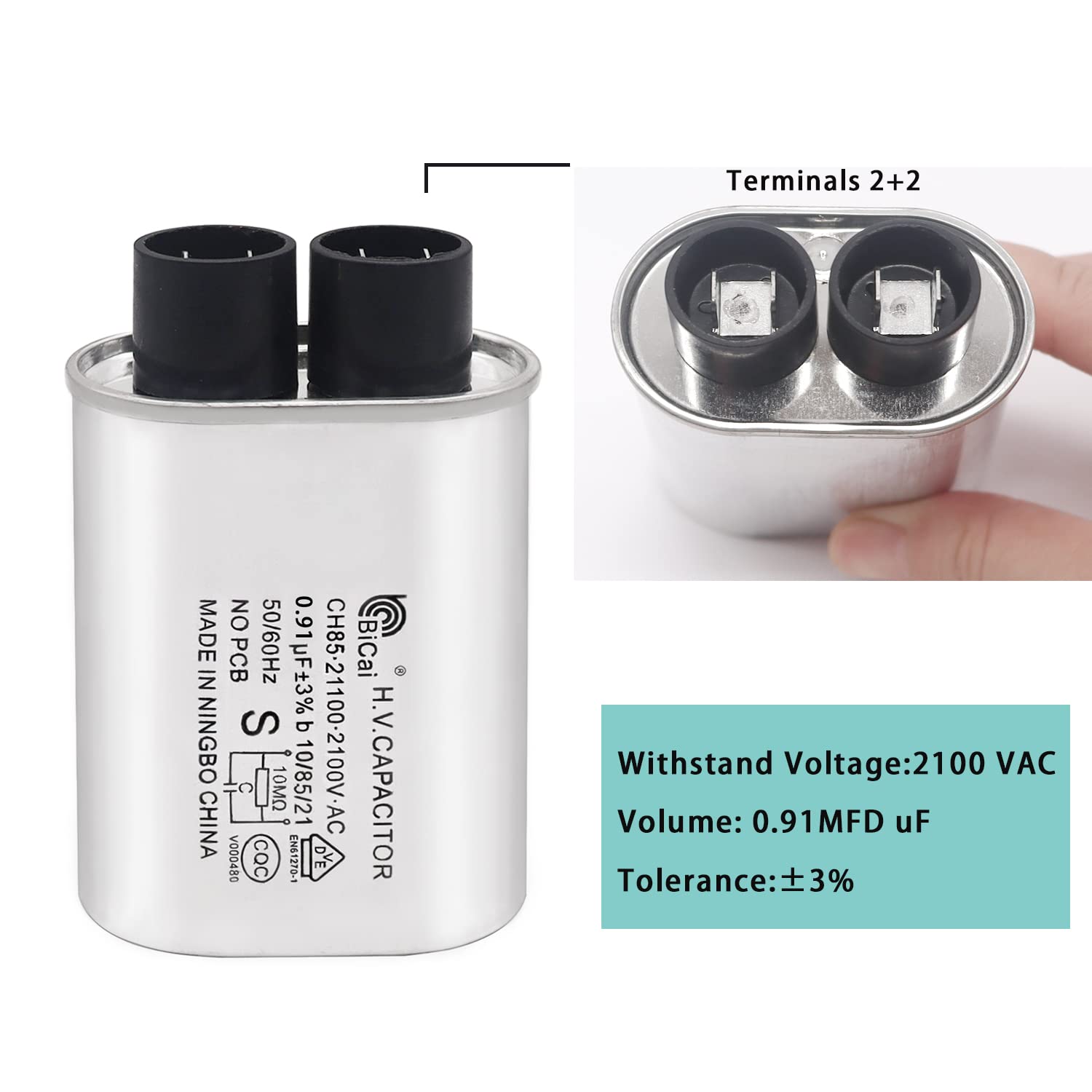 Tnisesm Microwave Capacitor 0.91Uf 2100V, High Voltage Capacitor 1/4'' Standard Terminal Connection Pin, Compatible With Whirlpo