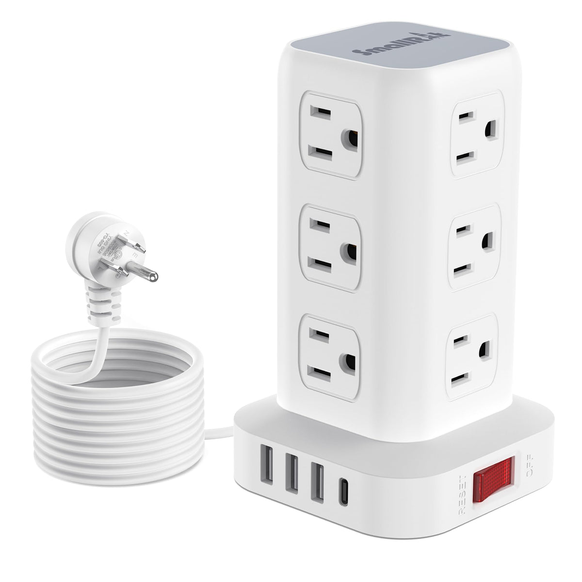 PD20W Power Strip Tower Surge Protector Power Strip with USB 12 Outlets with 4 USB Ports (1 USB C), Flat Plug 10FT Extension Cor
