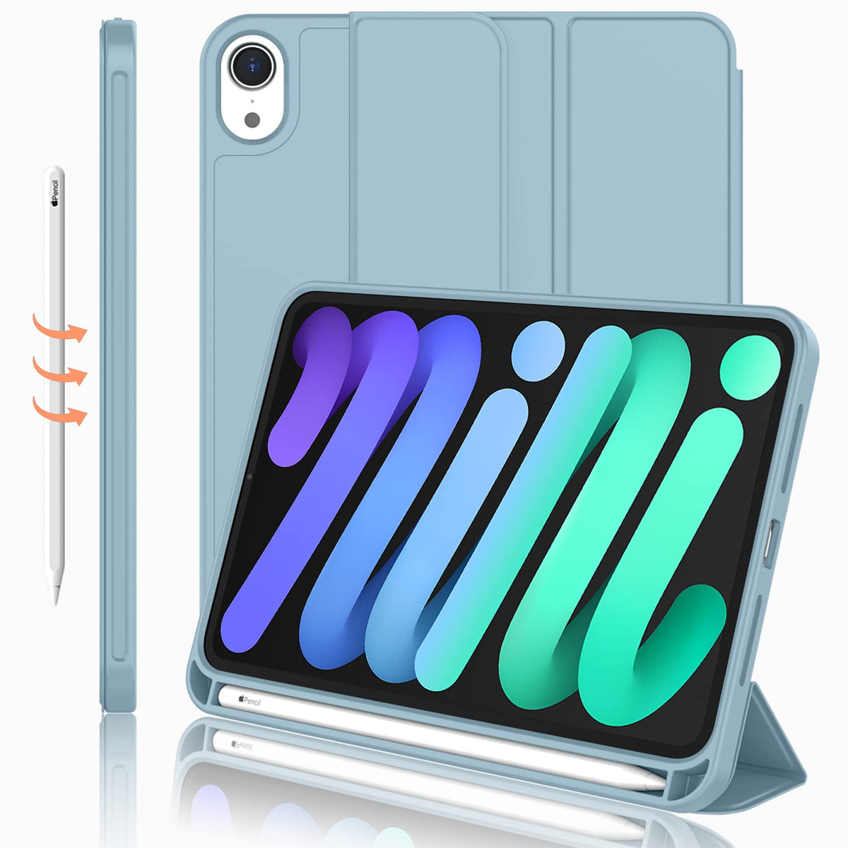 Imieet Ipad Mini 7 Case 2024 (A17 Pro), Ipad Mini 6 Case (8.3 Inch,2021 Model), Ipad Mini 7Th/6Th Generation Case With Pencil Holder, Trifold Stand Smart Case With Soft Tpu Back,Light Blue