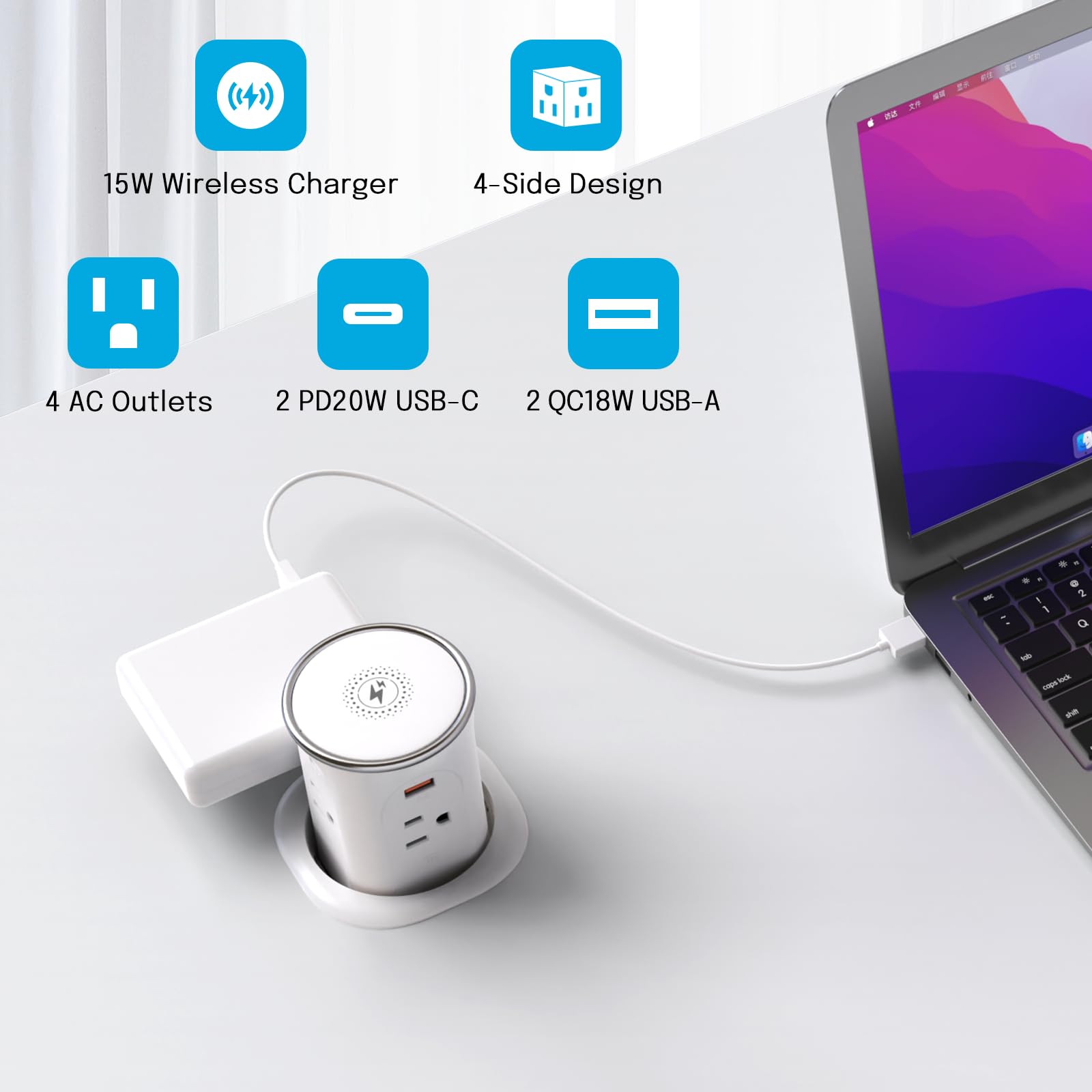 3.15In Pop Up Countertop Outlet With 15W Wireless Charger, Max 20W Usb Power Delivery 15A Tamper Resistant, Desktop Mount Electr