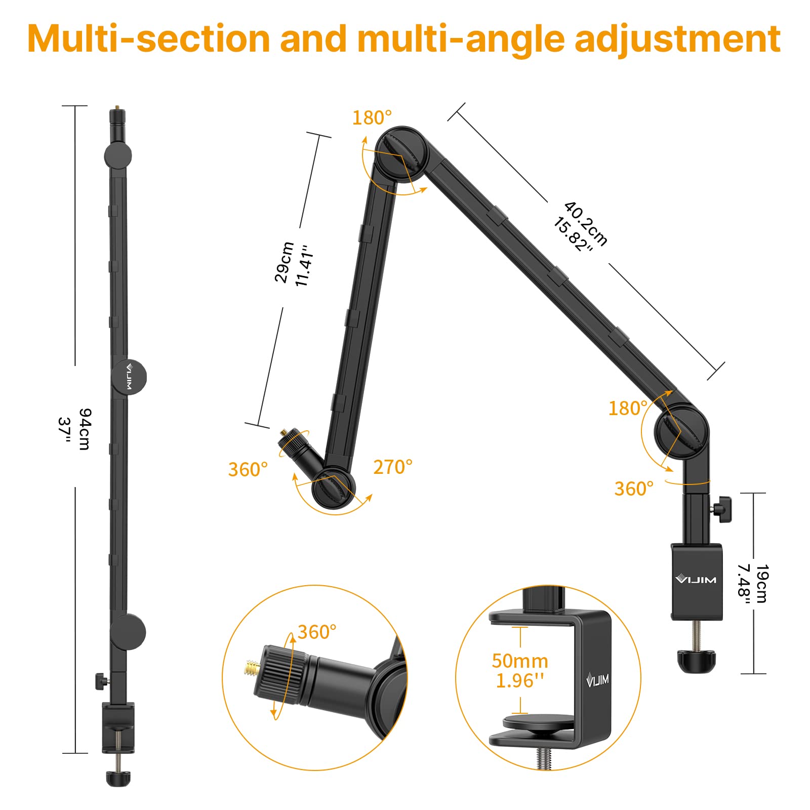 Pictron Vijim Ls25 Camera Desk Mount, Flexible Overhead Webcam Stand With Boom Arm, Table C Clamp Suitable For Photography Videography Live Stream