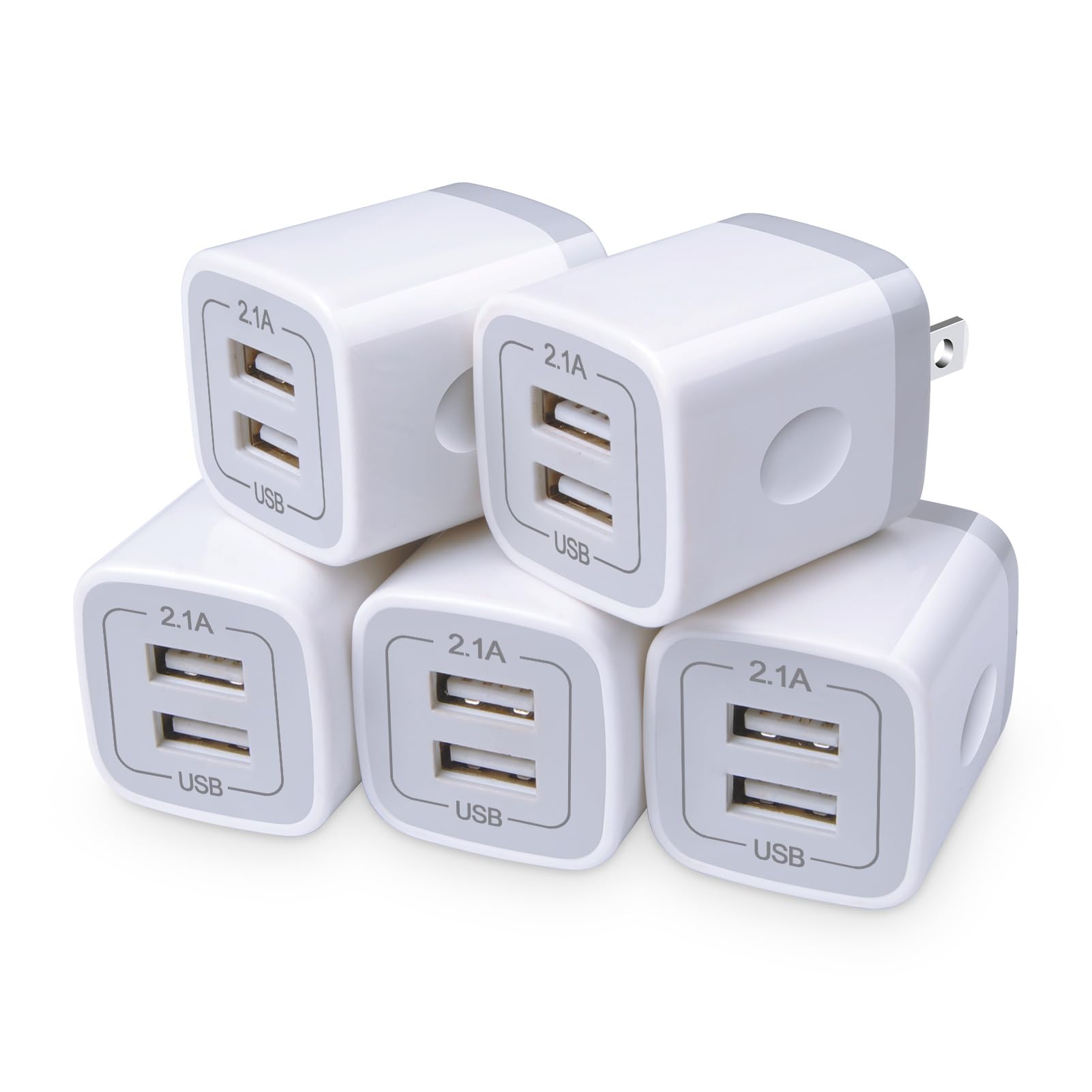 USB Charger Wall Plug, FiveBox 5Pack 2.1Amp Fast 2Ports USB Wall Power Adapter Charging Block Base Charger Brick Cube Box for iP