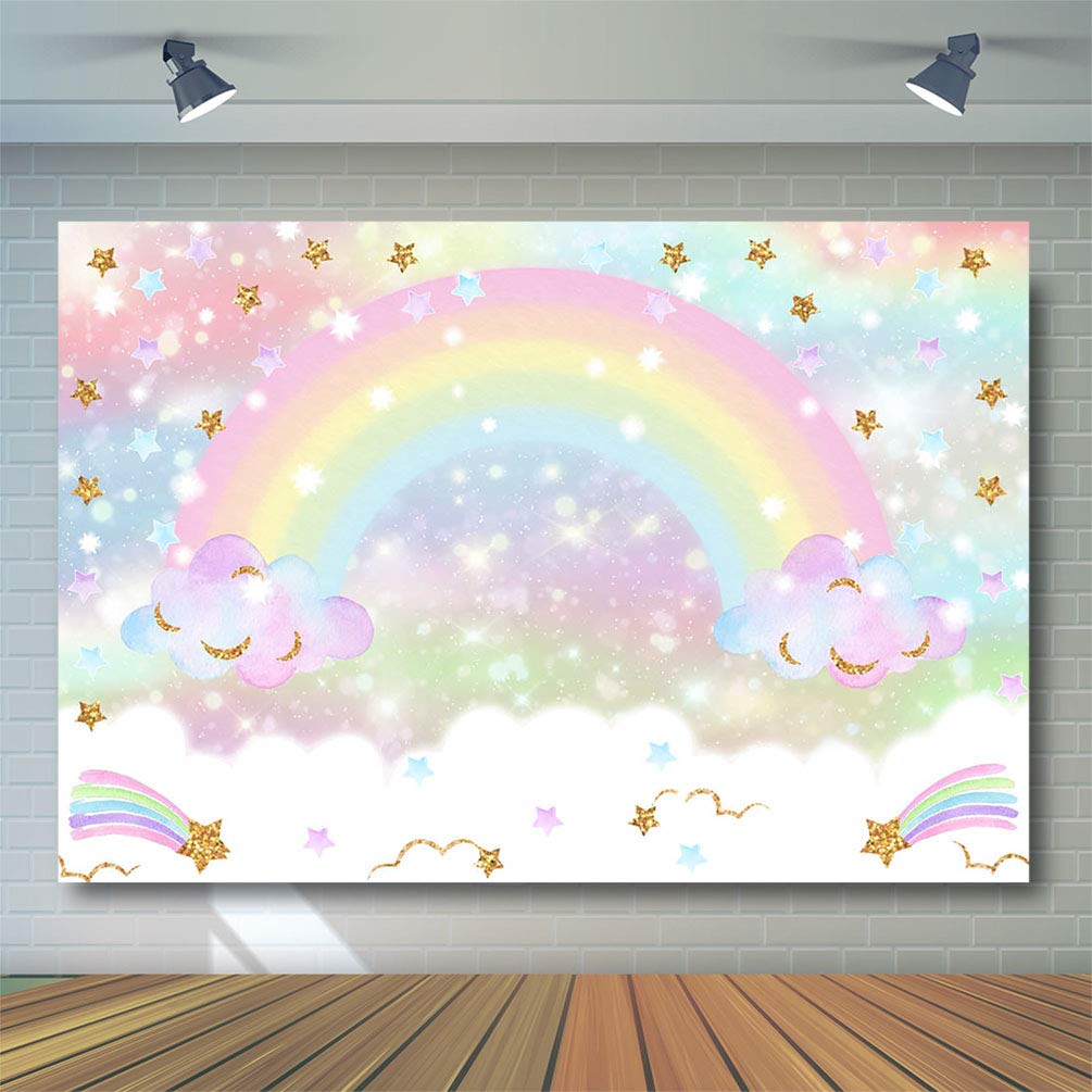 Avezano Rainbow Backdrop For Girls Birthday Party 7X5Ft Glitter Star Rainbow Sky Cloud Photography Background Pastel Rainbow Par