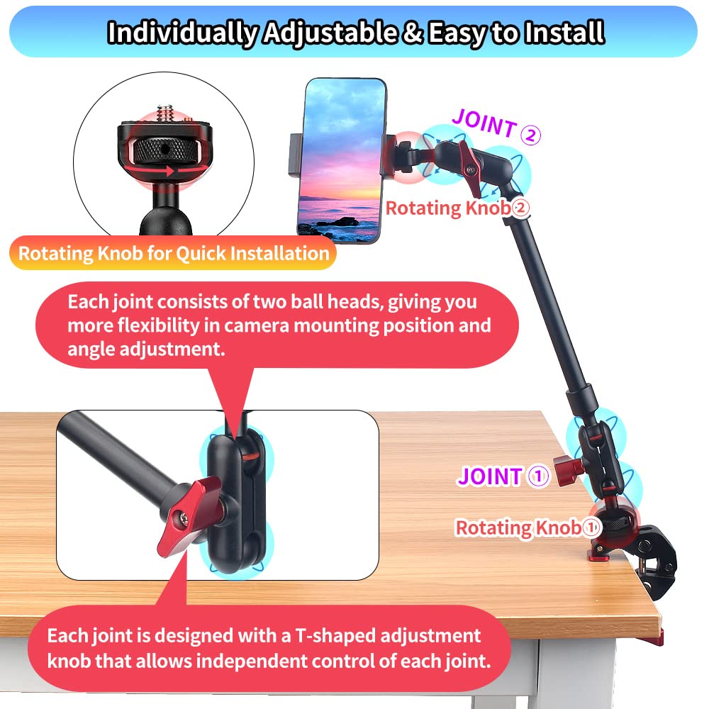 Jebutu 13'/34Cm Magic Arm W Clamp, Camera Mount & Clamp W 1/4' 3/8' Threads And Articulating Friction Magic Arm, Overhead Phone Mount, Camera Boom Arm Mount For Light Webcam Mic Action Camera Monitor