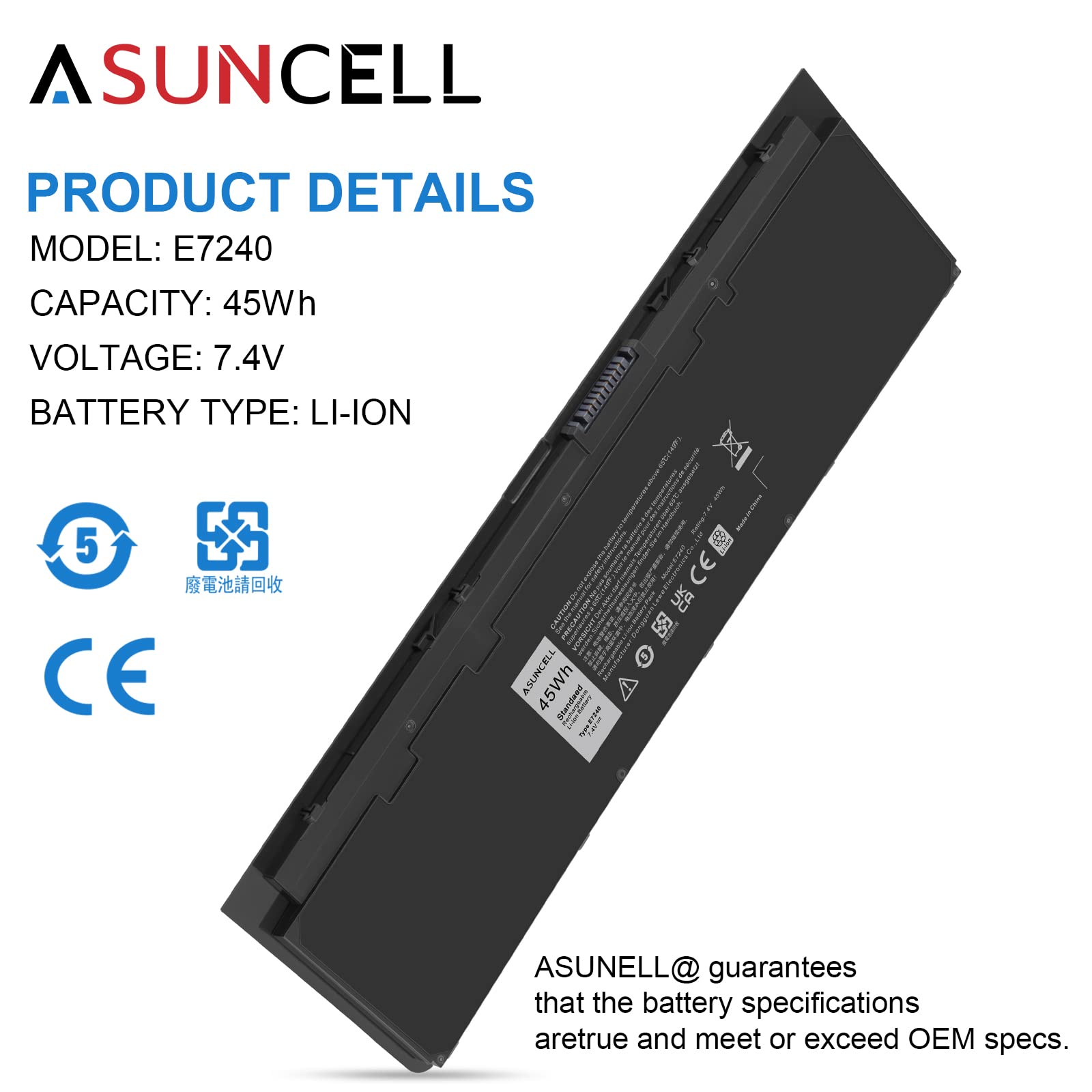 ASUNCELL Laptop Battery Replacement Dell Latitude E7240 E7250 Ultrabook 45Wh 7.4V Li-ion