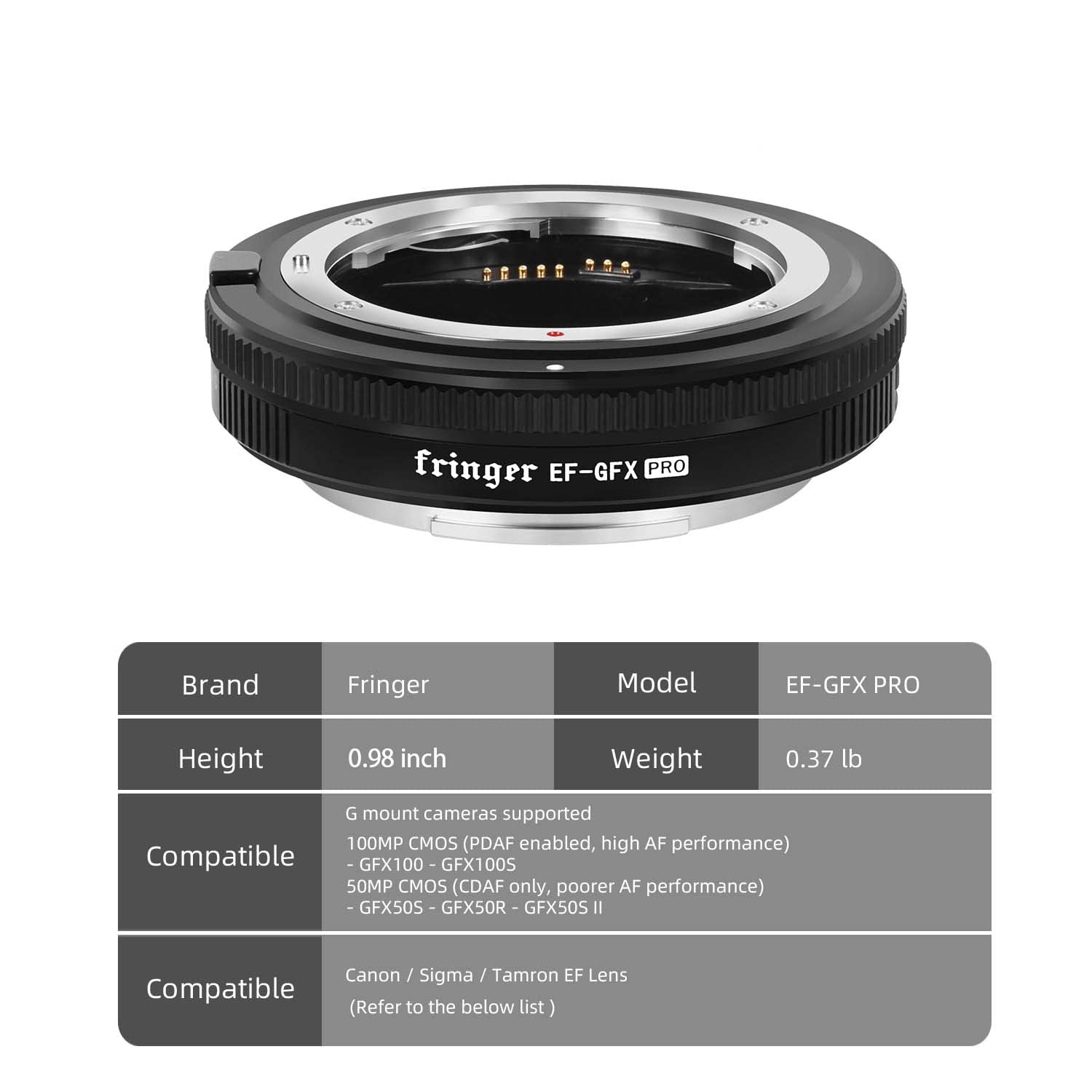 Fringer Ef Gfx Pro Fr Eftg1 Auto Focus Camera Mount, Lens Adapter Ring Compatible With Canon Ef To Fuji Gfx100/ Gfx100S, Sigma, Tamron Ef Lens
