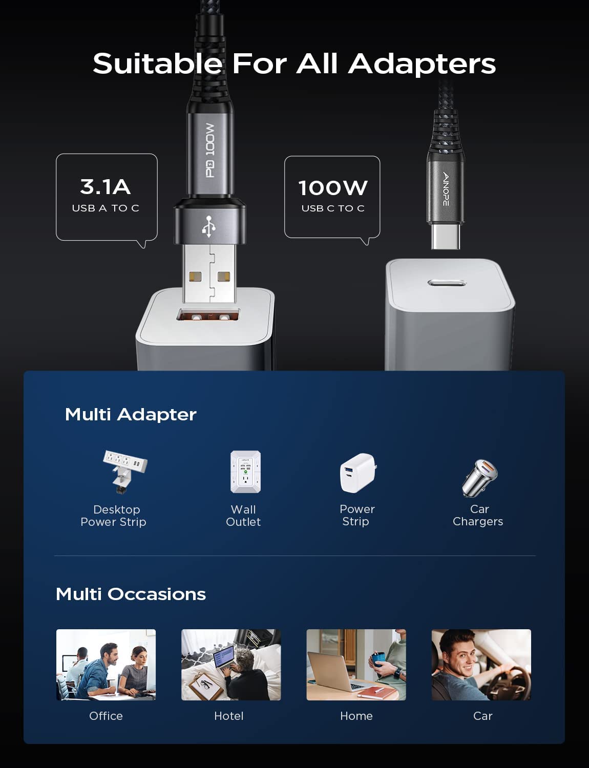 Ainope Type C 10Ft 100W 5A C Charger Cable Fast Charging Usb A/C To Usb C Cable Fast Charging Cable Right Angle Fit Macbook Pro