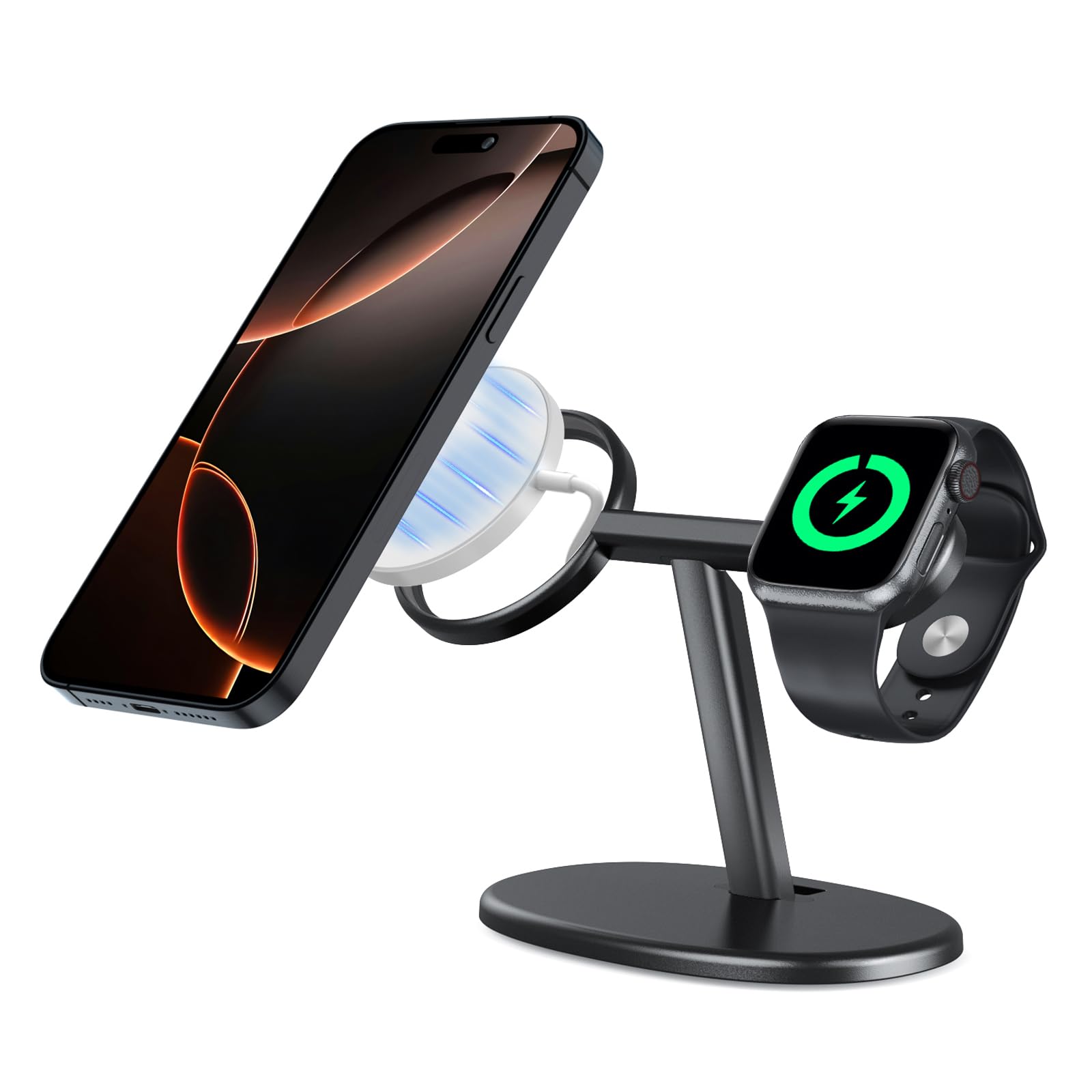 EWA 2-in-1 MagSafe Charging Stand for iPhone 16/15/14/13/12 & Apple Watch Series, SE, Ultral Ergonomic Viewing Angle, Non-Slip B