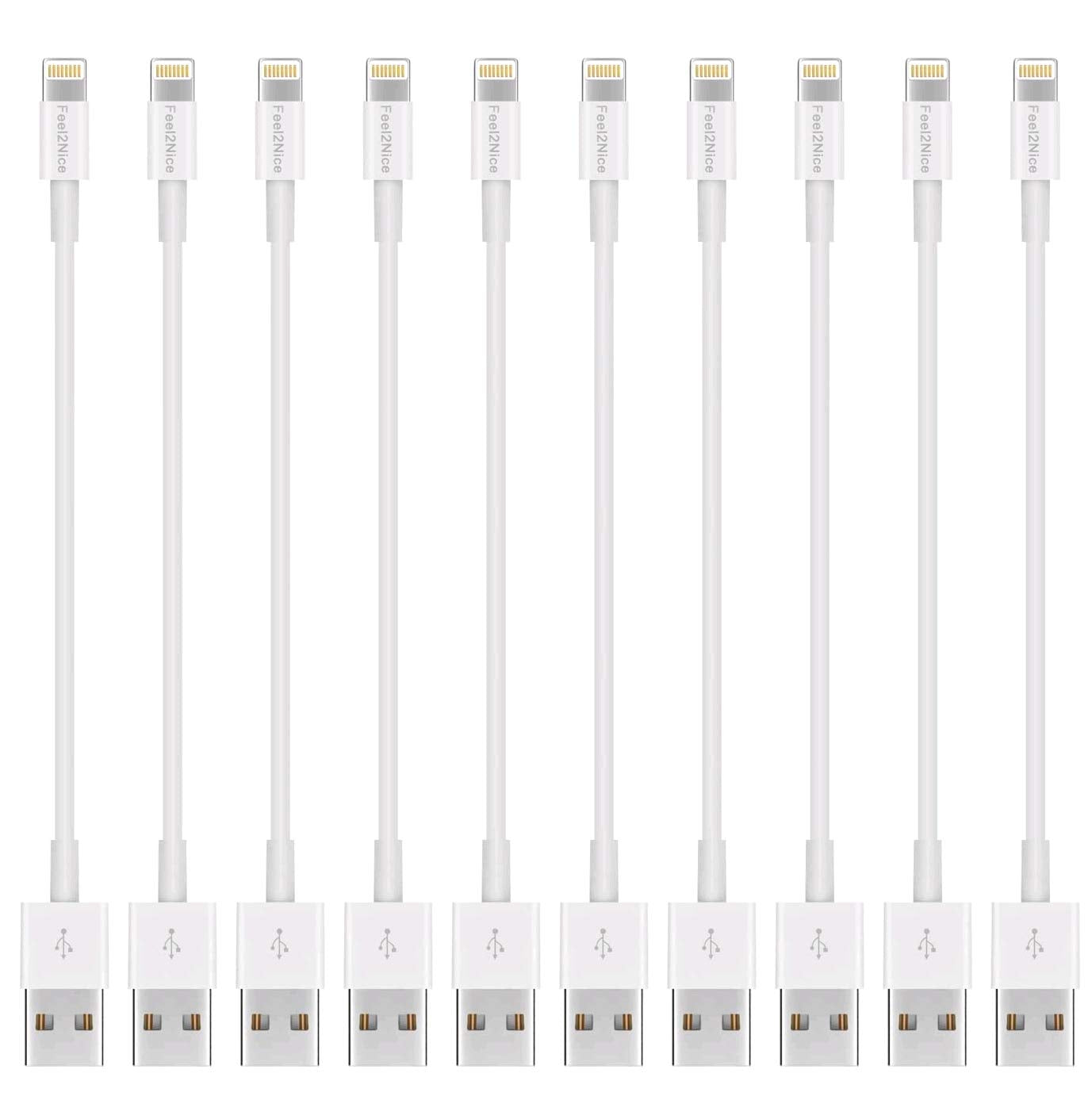 Feel2Nice Short Lighting Cable, 10 Pack 7 Inch Iphone Cord Data Sync Usb Portable Fast Charger For Iphone X Xs Max Xr / 8/8 Plus / 7/7 Plus / 6/6 Plus / 5S / Ipad/Ipod, White