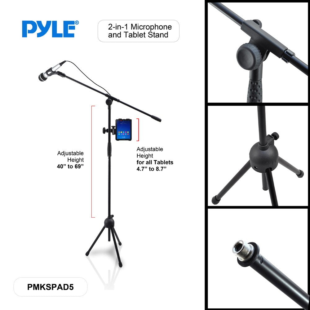 Pyle 2 In 1 Microphone And Tablet Stand   Adjustable Telescopic Column, 4.7    To 8.7    Tall, Powder Coated Black Finish, Unive