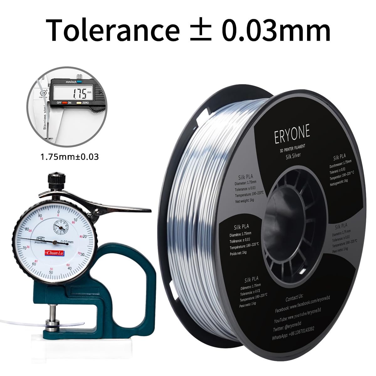 Eryone Silk Pla Filament For 3D Printer, 1.75Mm +/- 0.03Mm, 1Kg (2.1Lbs)/Spool, Silk Silver