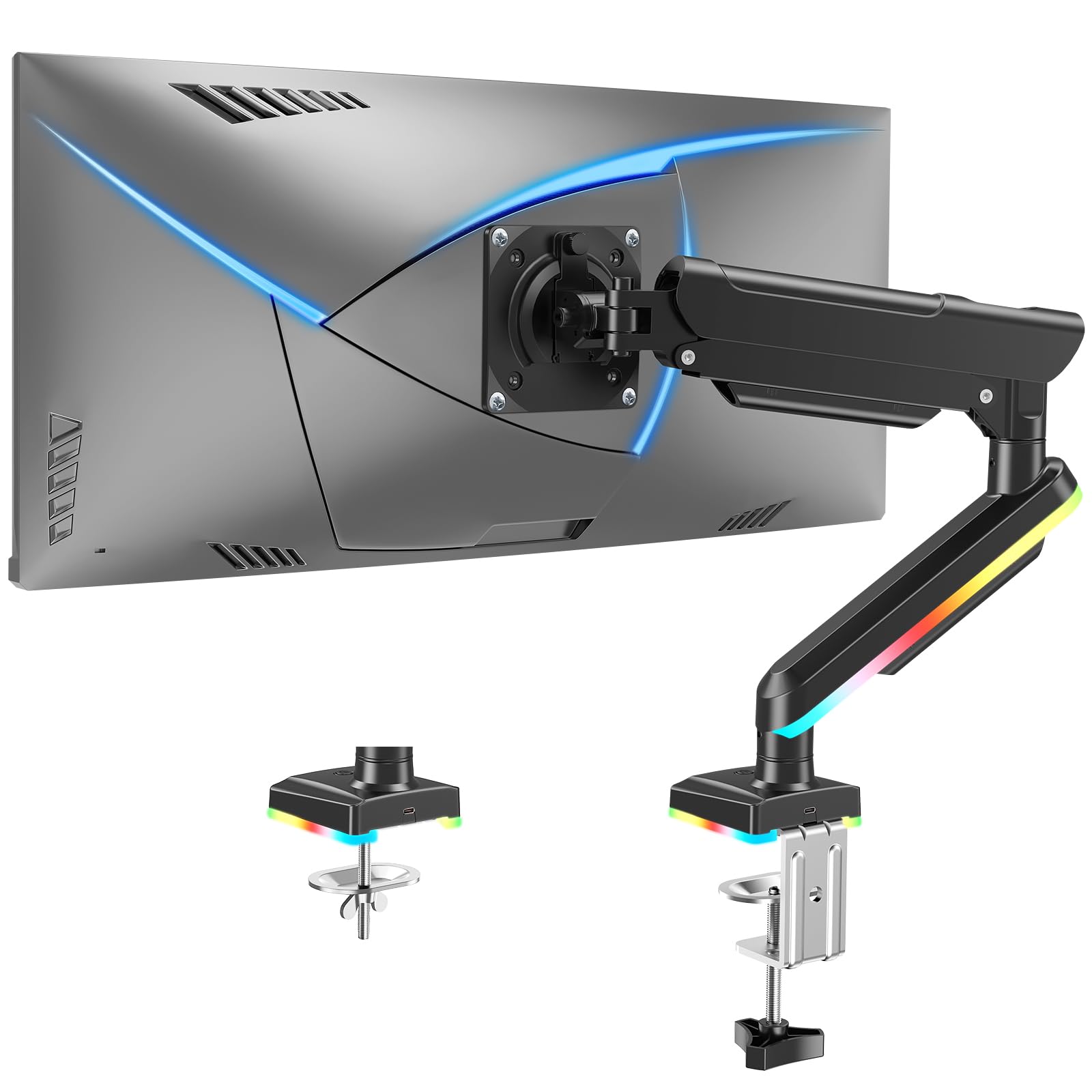 MOUNTUP RGB Single Monitor Arm Fits 32 27 24 22 inch, Holds 4.4-22lbs Screens, Monitor Stand for Desk with RGB Lights, 19 Modes,