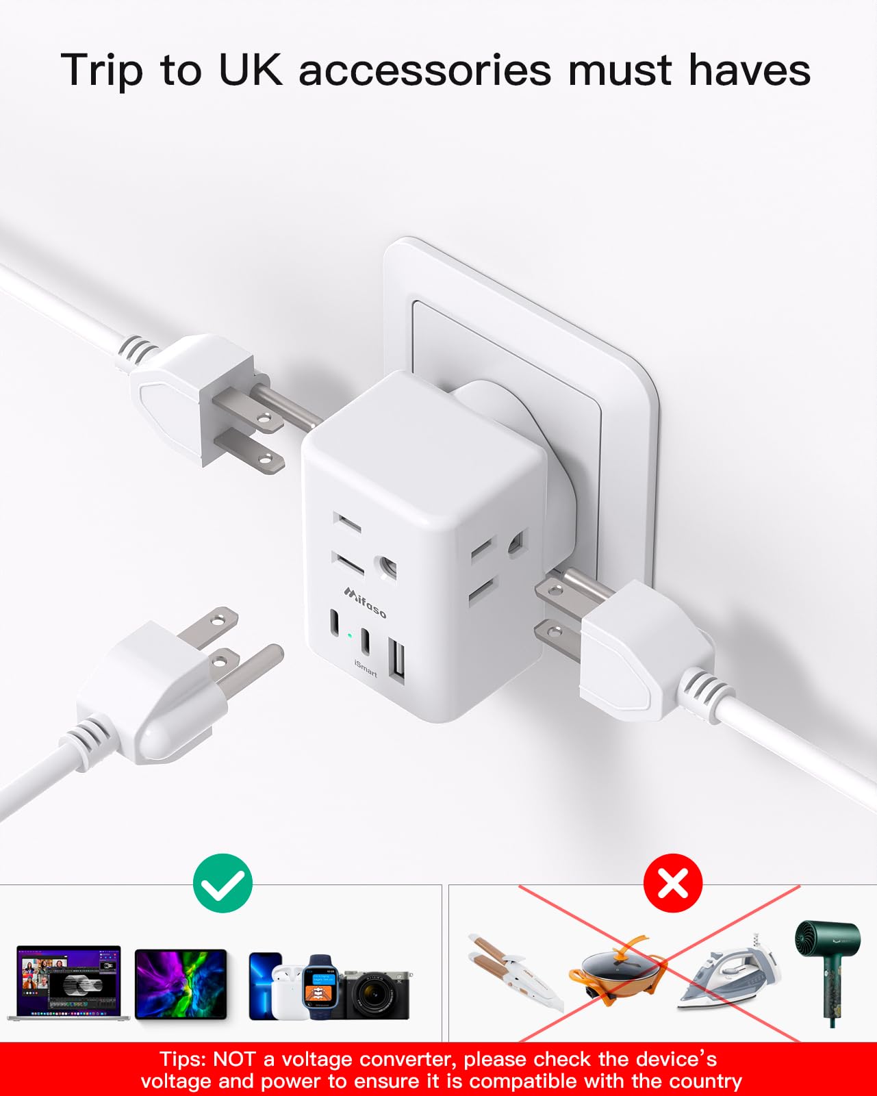 2 Pack Us To Uk Plug Adapter, Type G Power Adapter With 3 Outlet 3 Usb Charger, International Plug Adapter, Usa To Dubai England
