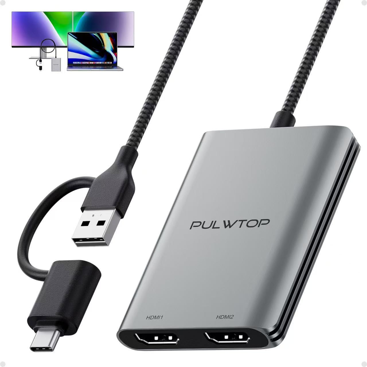 PULWTOP Displaylink Adapter, USB C to HDMI Adapter with Dual Monitor for Mac M1/M2/M3/M4, USB C to Dual HDMI for MacBook, Laptop