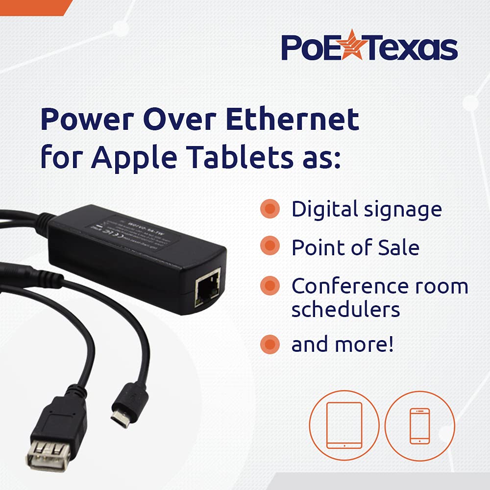 Poe Texas Poe Power Adapter For Usb A And Micro Usb Compatible Devices Including Apple Cables For Pos, Digital Signage, & More