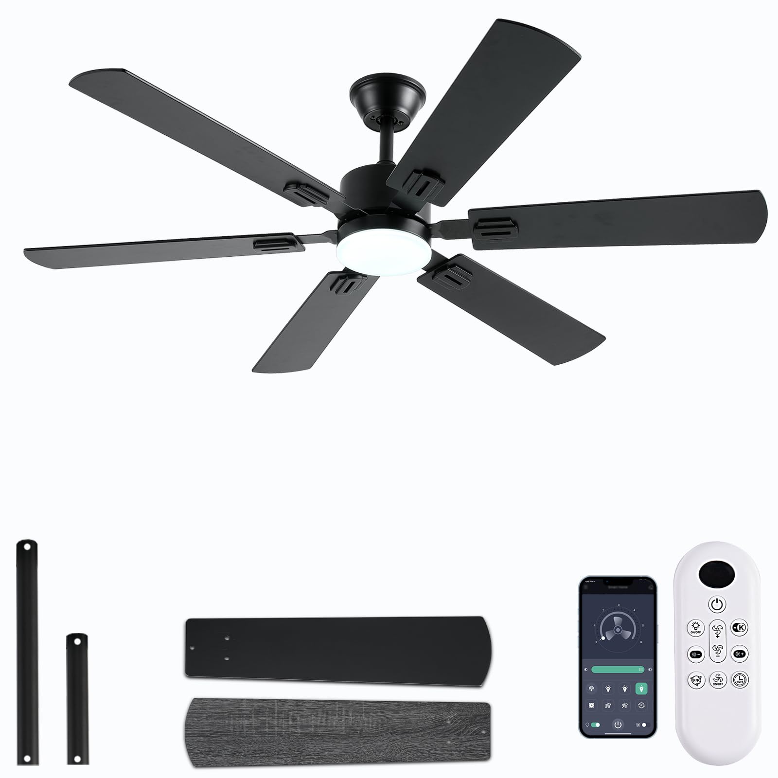 56Inch Black Ceiling Fans With Lights And Remote/App Control, Dimmable Led, Reversible Dc Motor, Noiseless, 6 Double Side Blades