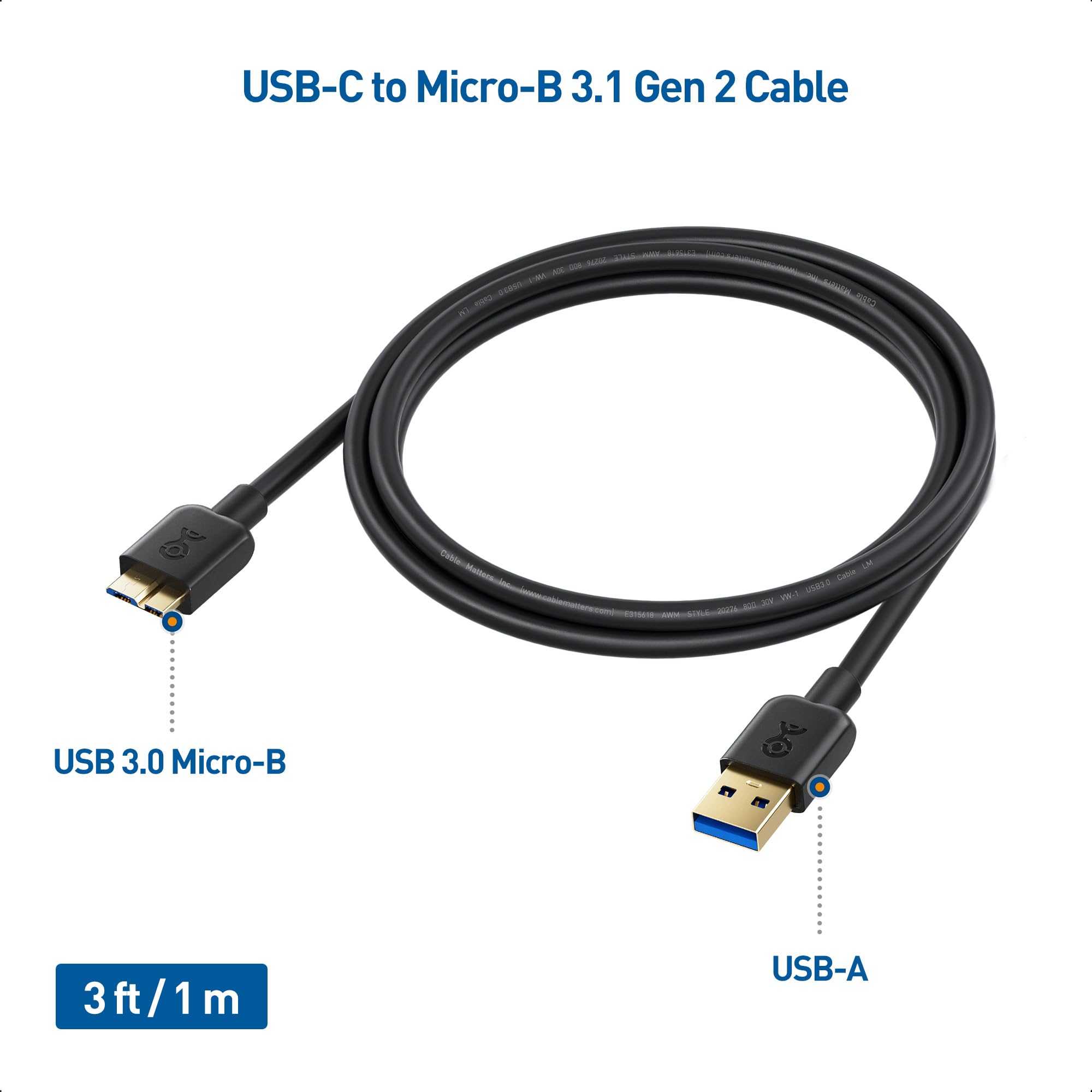 Cable Matters 2 Pack Micro Usb 3.0 Cable 3 Ft (External Hard Drive Cable, Usb To Usb Micro B Cable) In Black, Compatible With Se