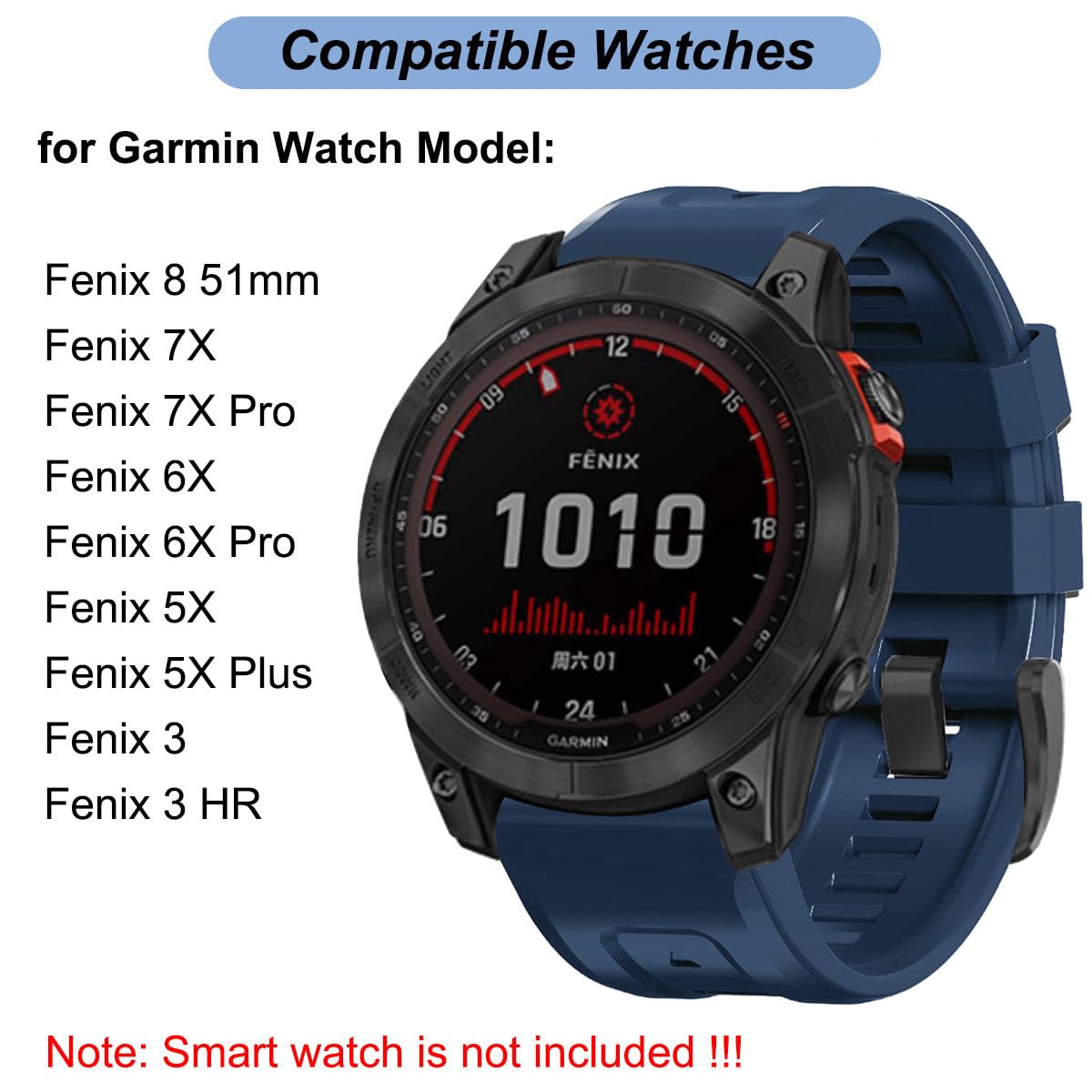 26Mm Watch Band For Garmin Fenix 7X/Fenix 6X/Fenix/5X/Fenix 3/Fenix 3 Hr, Soft Silicone Band Strap Wristband With Quick Fit For