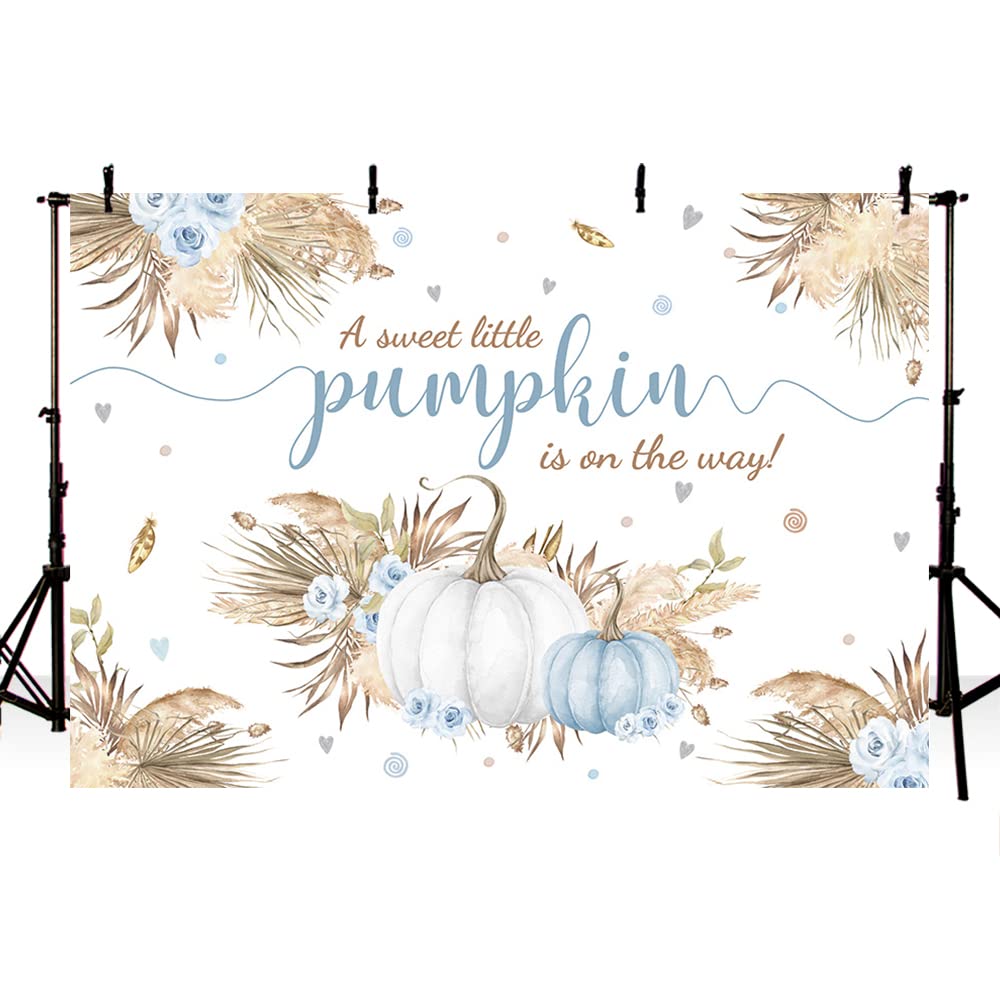 Mehofond 7X5Ft Autumn Boho Little Pumpkin Backdrop For Boy Baby Shower Fall Leaves Pampas Grass Thanksgiving Blue White Floral B
