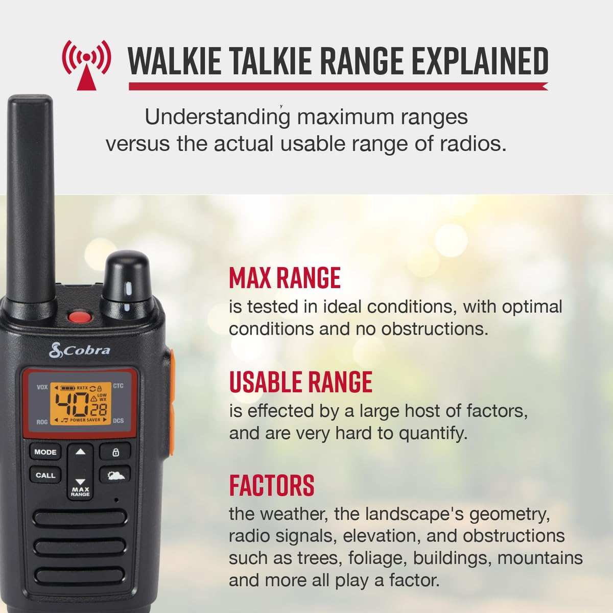 Cobra Rx380 Walkie Talkies   Rechargeable, 40 Preset Channels, Long Range 32 Mile Two Way Radio Set (2 Pack), Black