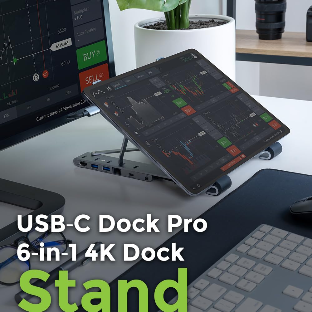 Iogear Dock Pro 6-In-1 4K Dock Stand, Foldable Laptop Stand With Docking Station, Hdmi 4K30Hz (3440X1440 60Hz), 2X Usb-A, Usb-C