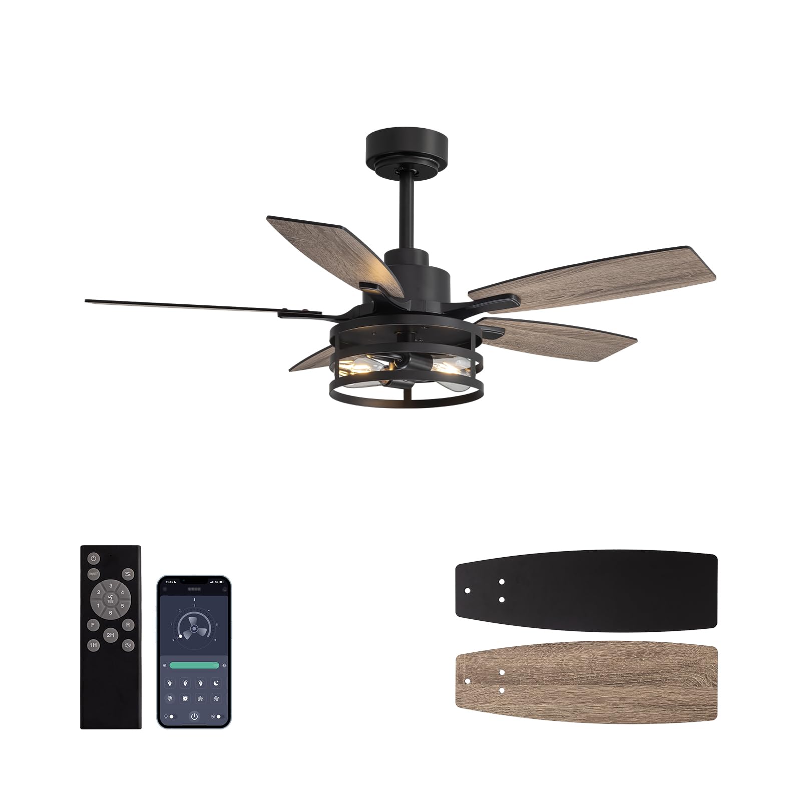 42 Inch Flush Mount Ceiling Fans with Lights and Remote Control, Farmhouse Ceiling Fan with LED Lighting for Bedroom Living Room