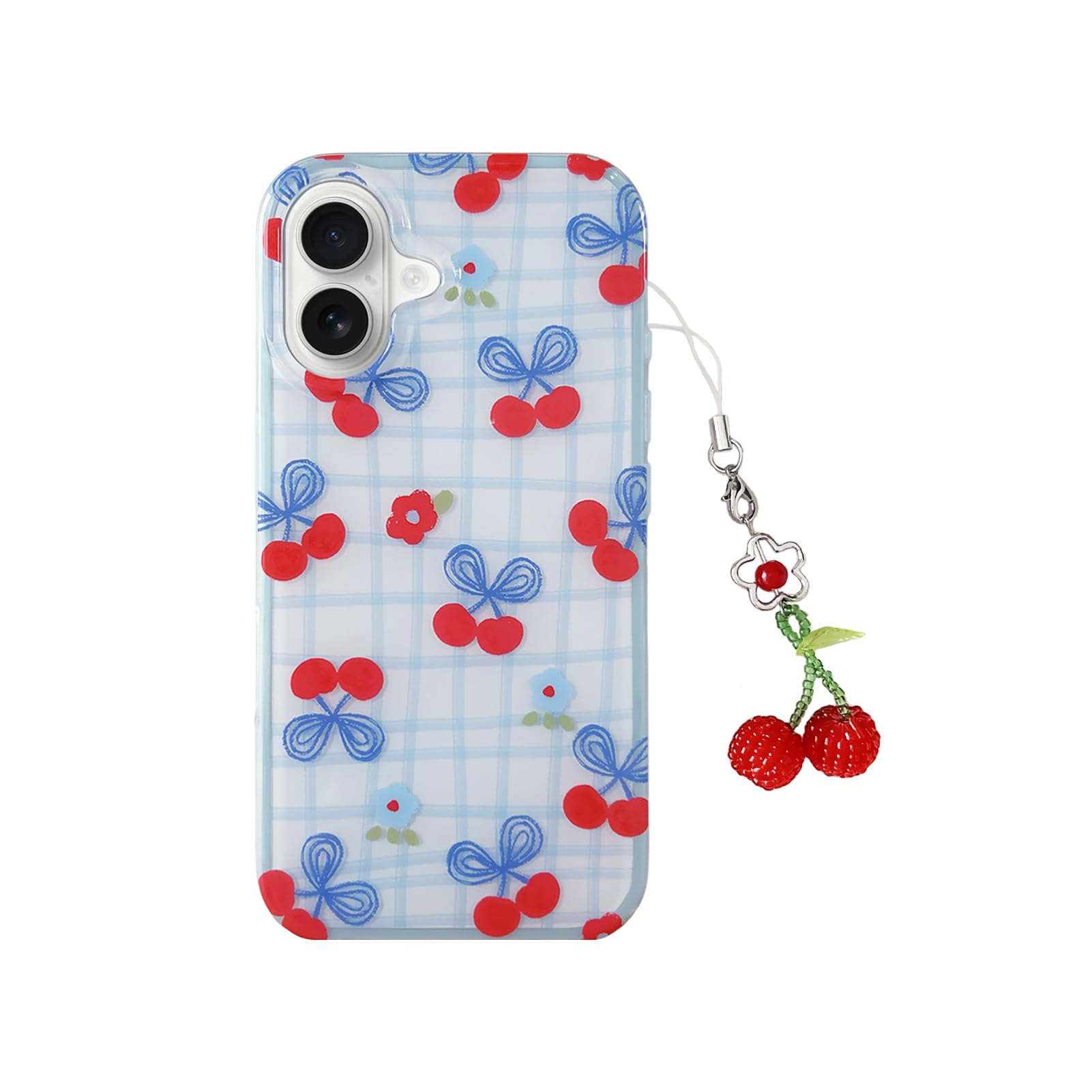 Cherry Blue White Checkered Phone Case with Charm for iPhone 14 6.1in,Cute Chic Plaid Striped Aesthetic Design Gloss Clear Prote