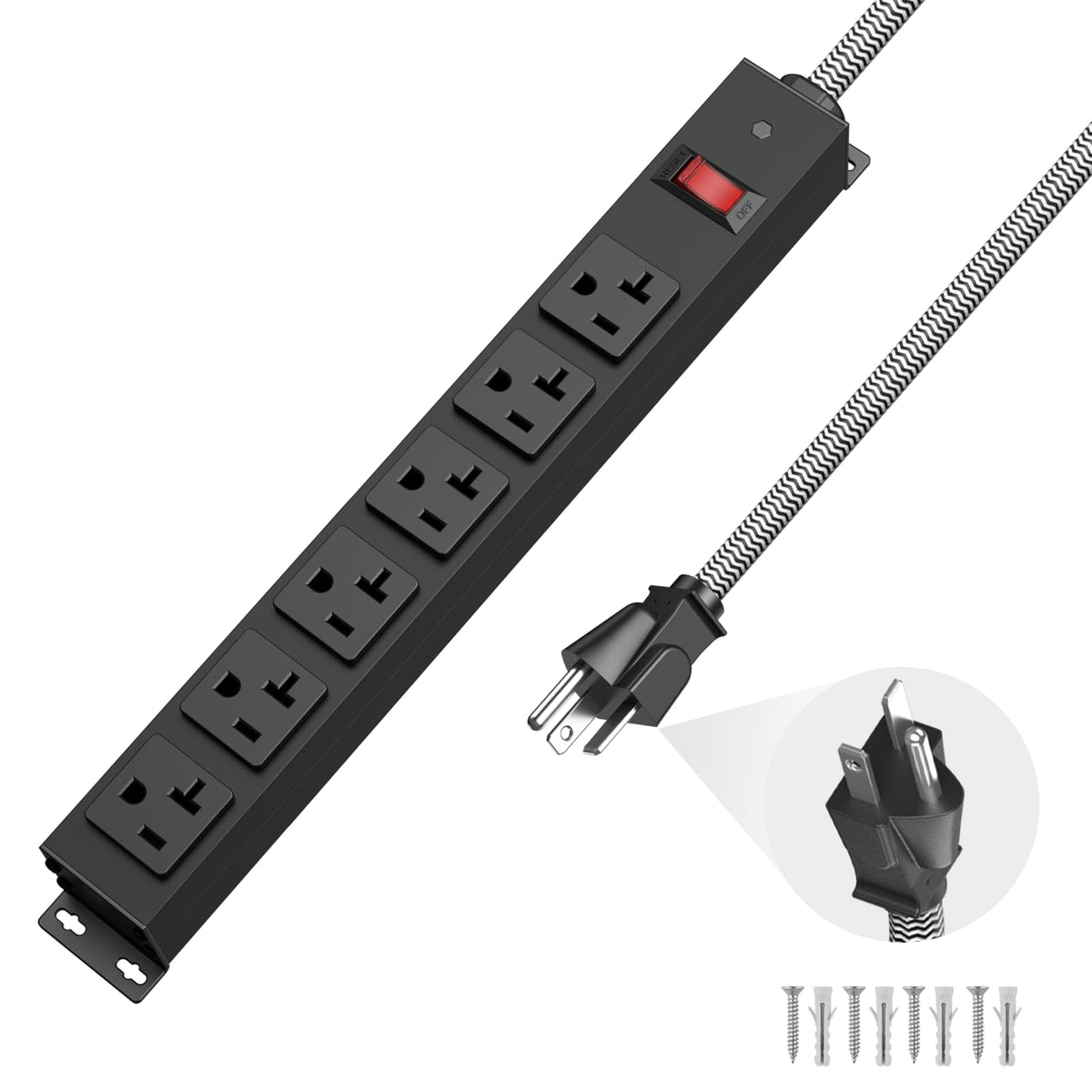 Hezi 20 Amp Power Strip With 5 20P/T  Plug, Heavy Duty High Amp Metal Surge Protector, Mountable Industrial Power Strip With 6Ac