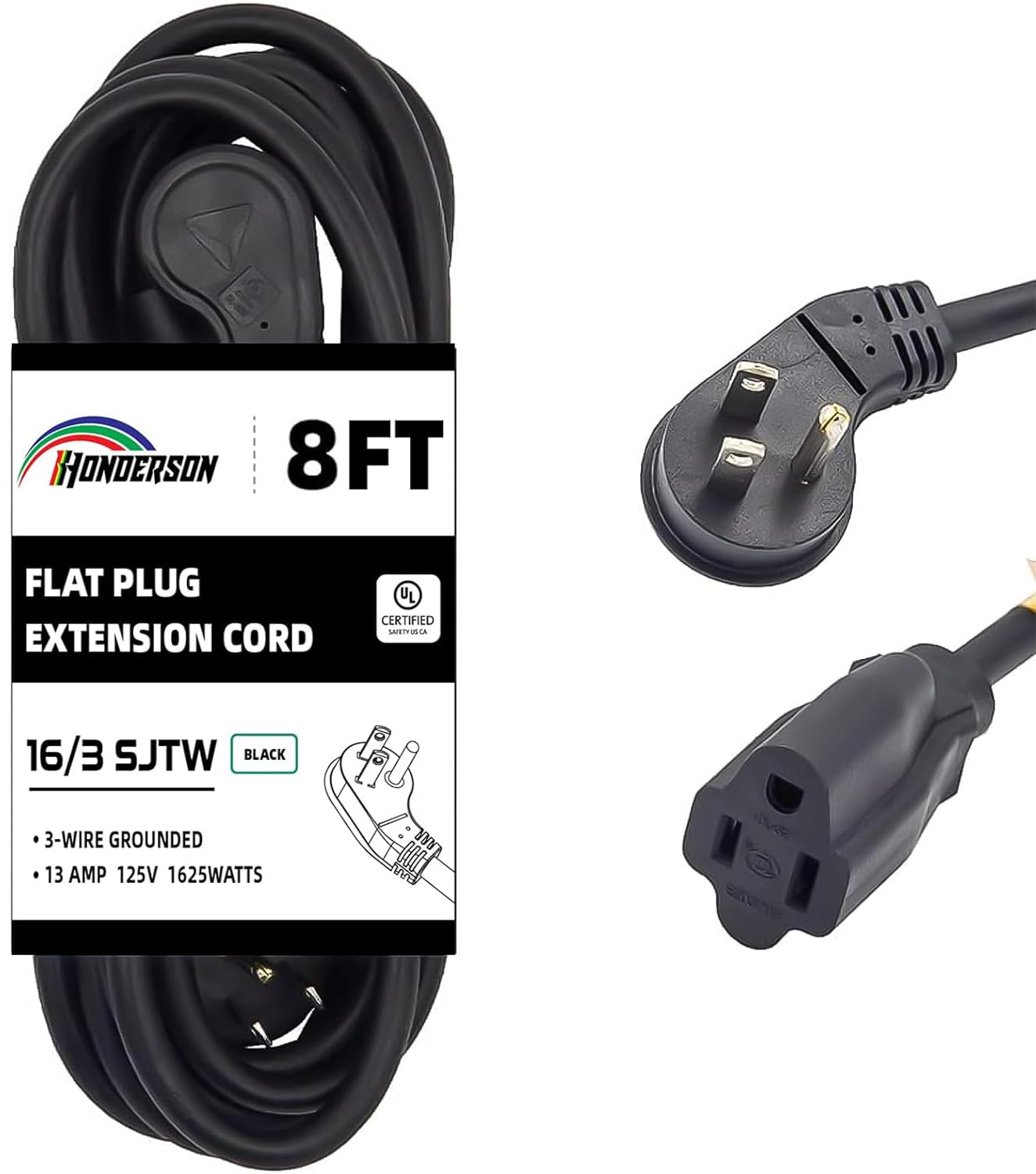 Honderson Flat Plug Indoor Extension Cord, Ul Listed, 16 Gauge 8Ft Black 3 Prong Heavy Duty Extension Cord, 16/3 Sjtw 13A Power