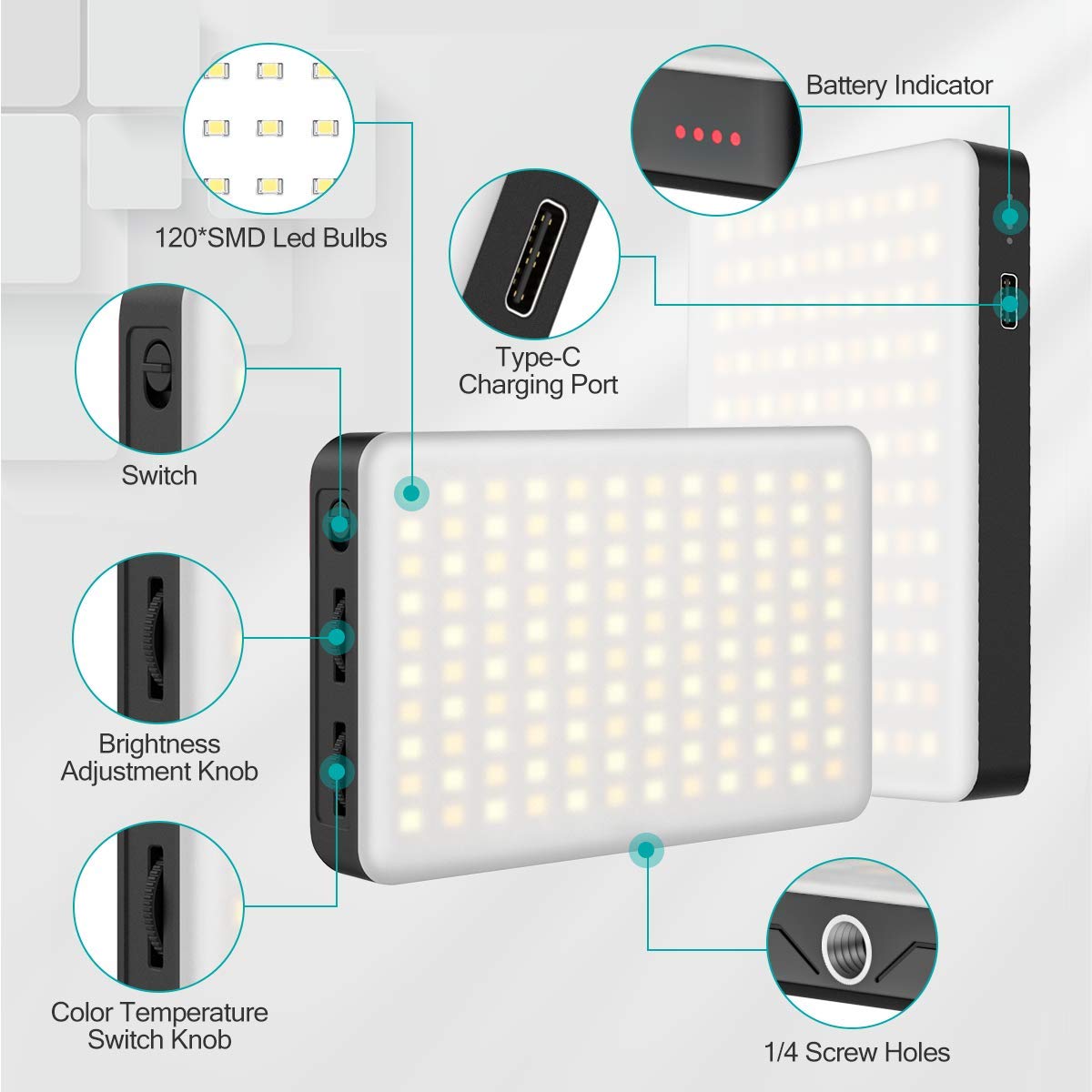 Vijim Vl120 Led Video Light On Camera, Mini Rechargeable 120 Led Photography Lighting Fill Lamp 3200K 6500K Bi Color Dimmable, C