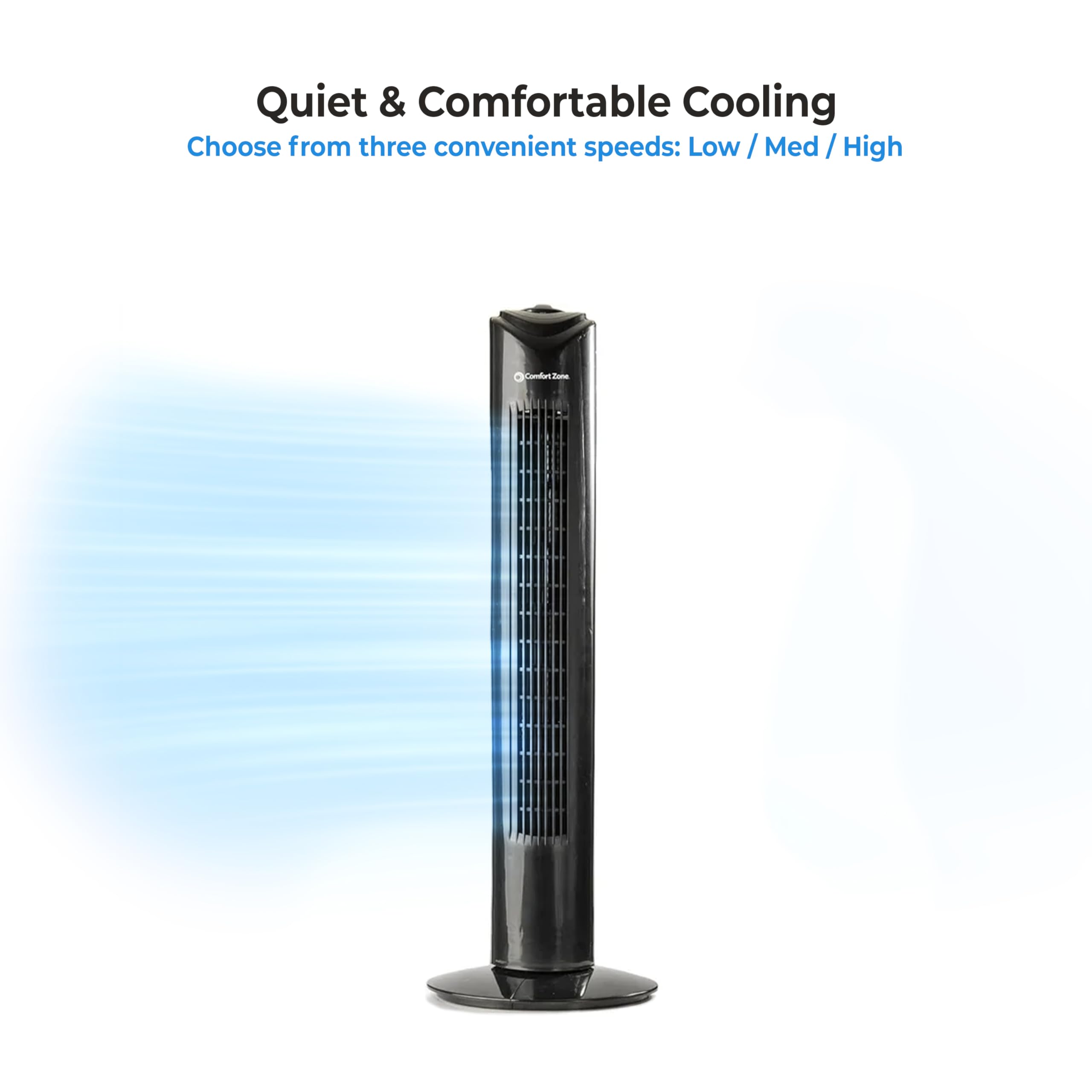 Comfort Zone Oscillating Portable Tower Fan, 32 Inch, 3 Speed, 90 Degree Oscillation, Portable Built In Carry Handle, Quiet Oper