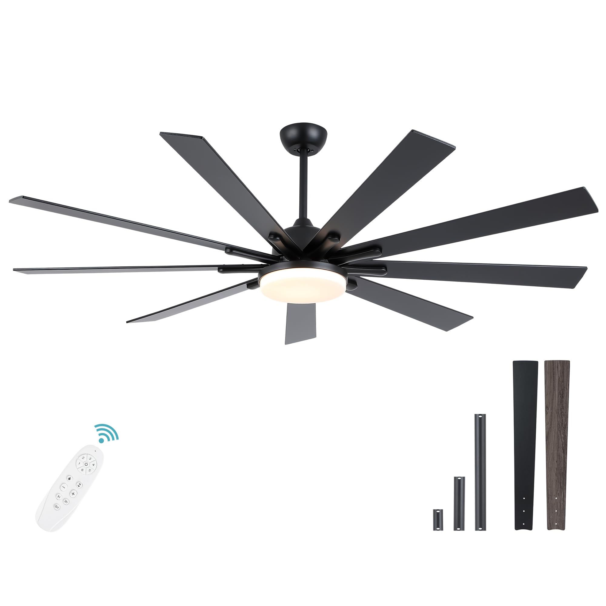 POCHFAN 72 Inch Ceiling Fans with Lights,Large Modern Ceiling fan with Remote and 9 Wooden Blades,Dimmable,6 Speeds,Noiseless Re