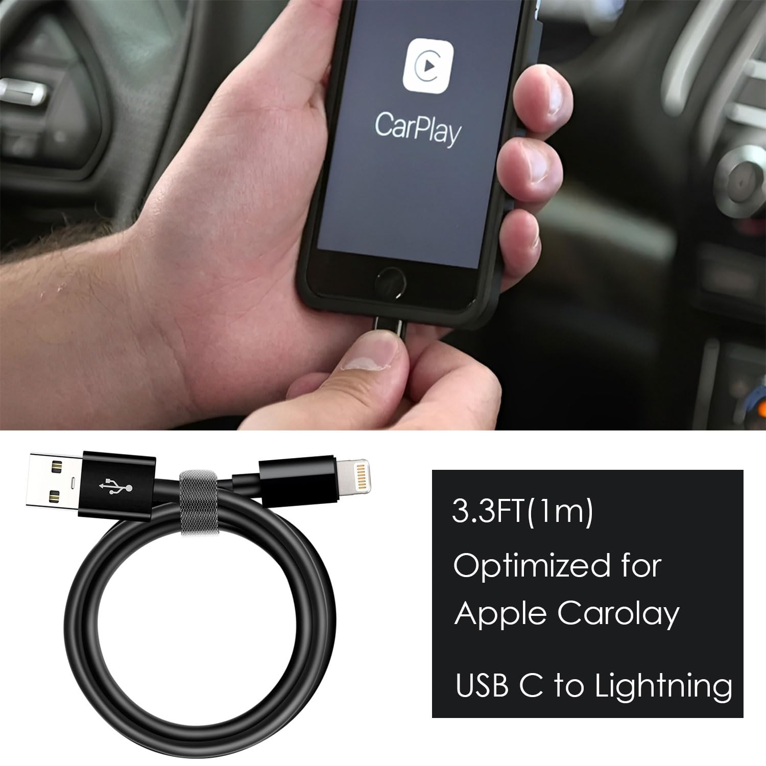 Abysssea CarPlay Cable for iPhone 14, 3.3ft Black Lightning Charger, MFi Certified, Compatible with iPhone 14/13/12/11/Xs/X